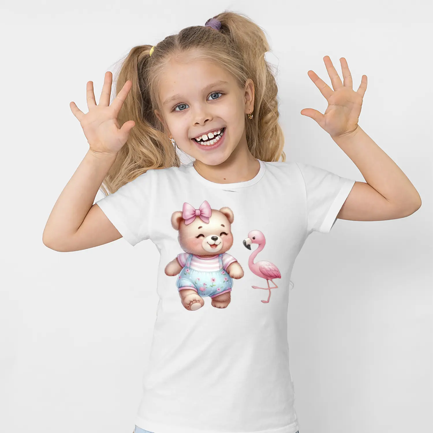Fiyonklu Sevimli Ayıcık ve Flamingo Figürlü Baskılı Kız Çocuk Tişörtü
