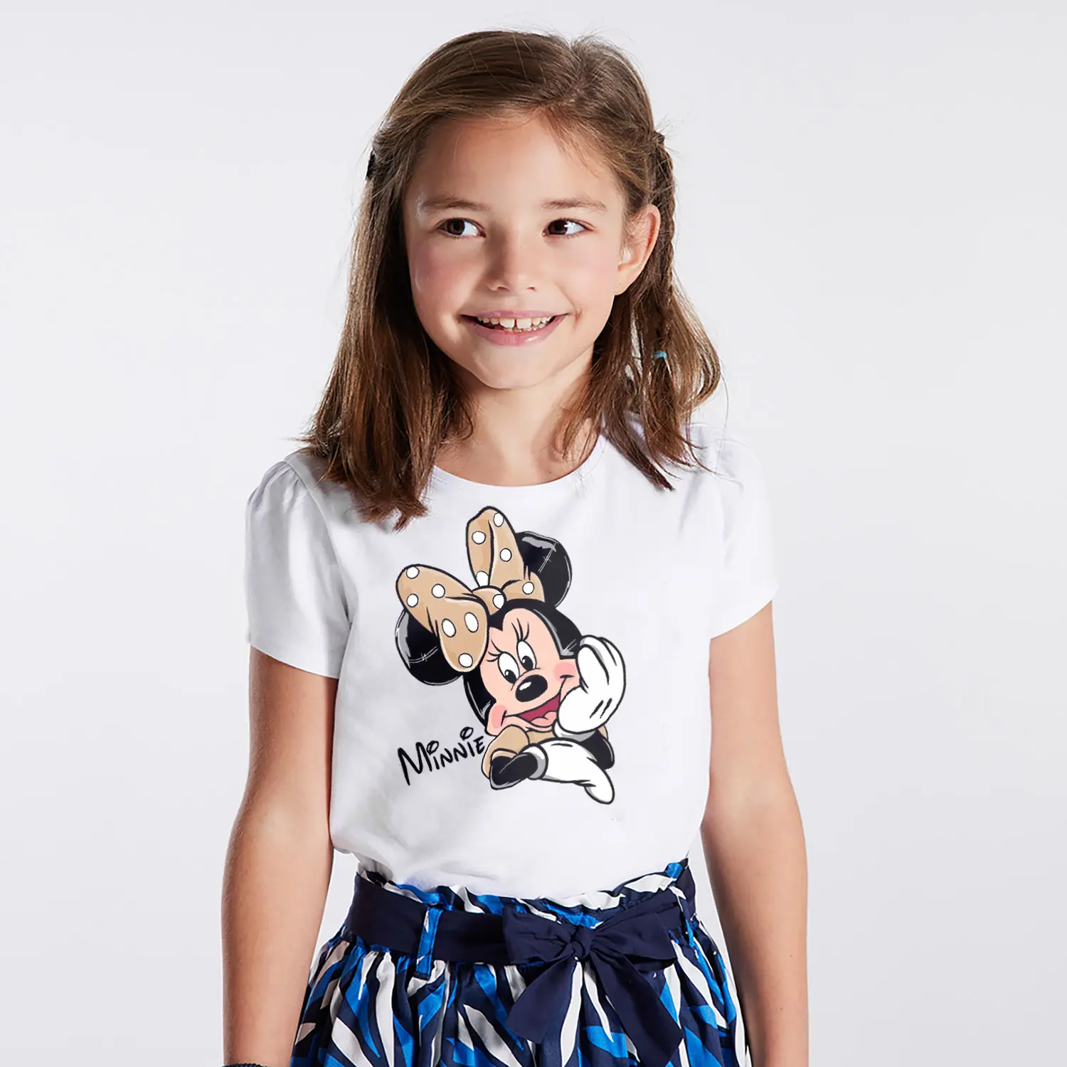 Fiyonklu Yuvarlak Kulaklı Fare Karikatür Minnie Yazılı Baskılı Kız Çocuk Tişörtü