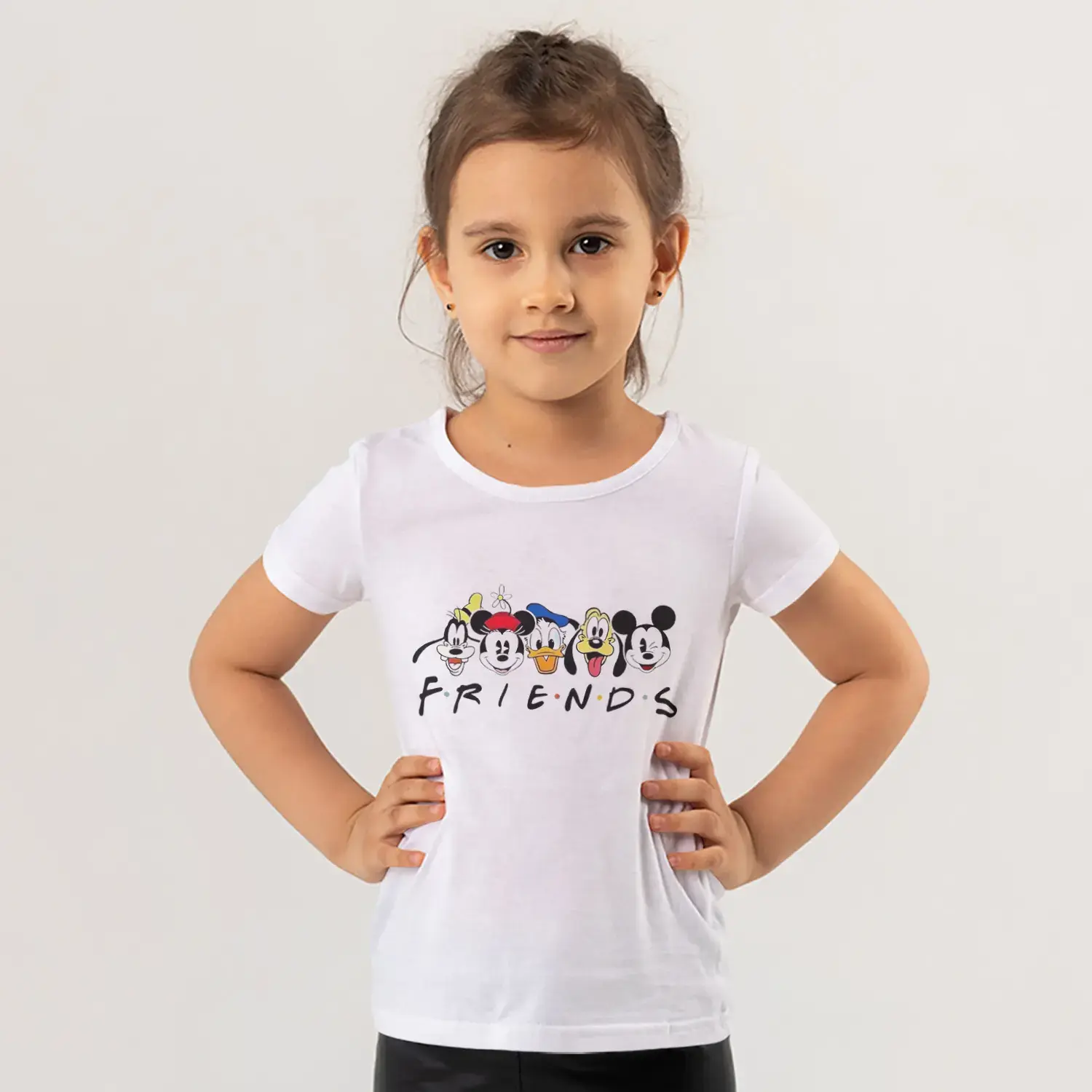 Friends Yazılı Beşli Sevimli Karikatür Hayvan Yüzleri Baskılı Kız Çocuk Tişörtü