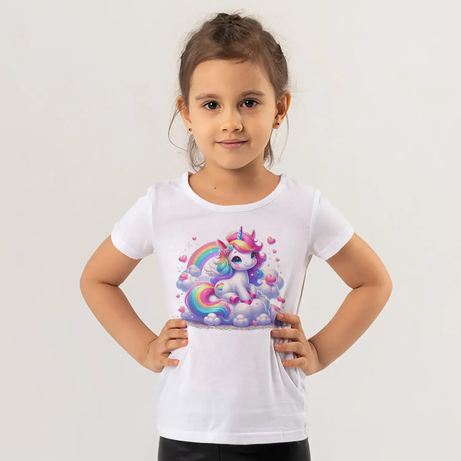 Gökkuşağı Bulutlu Boynuzlu Sevimli Tek Boynuzlu At Kalp Baskılı Kız Çocuk Tişörtü