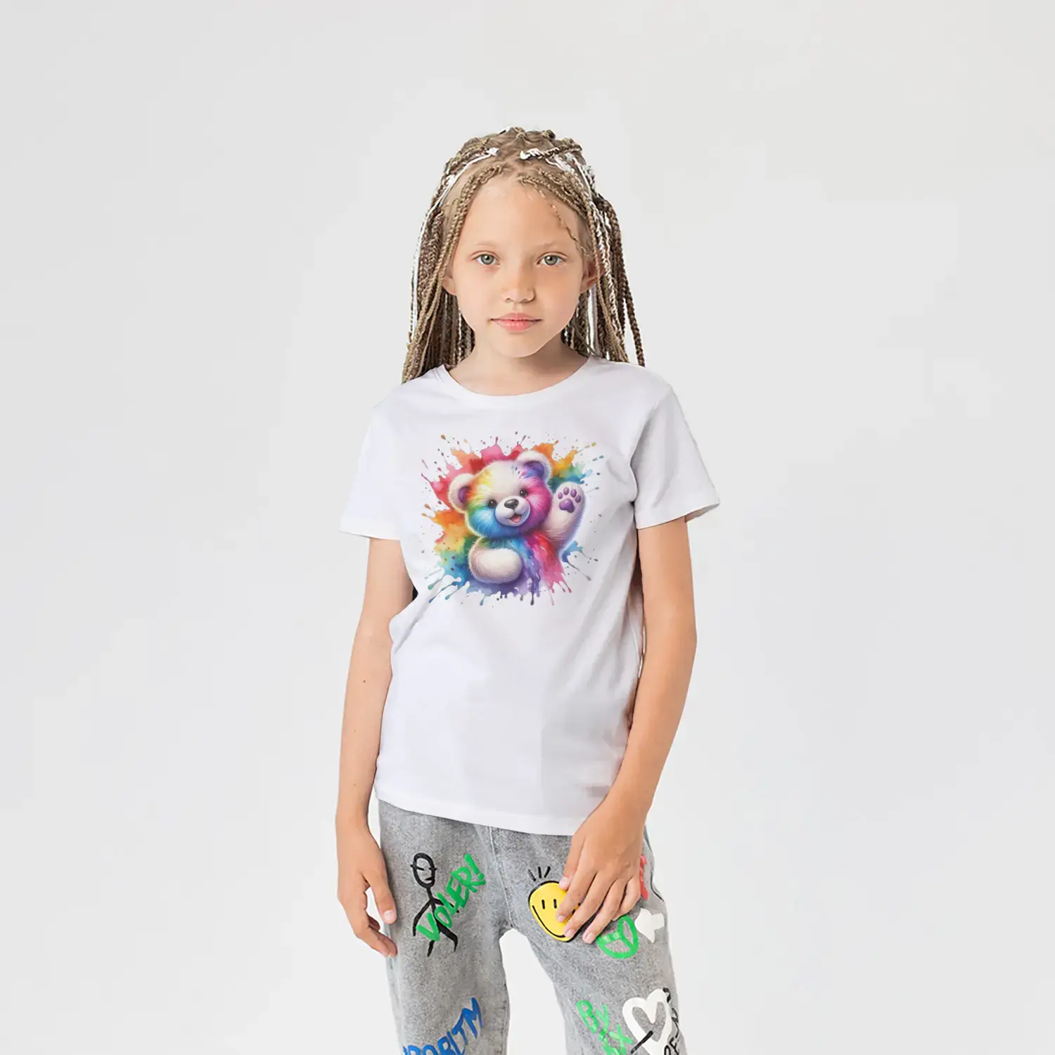 Gökkuşağı Renkli Sevimli Ayıcık Baskılı Kız Çocuk Tişörtü