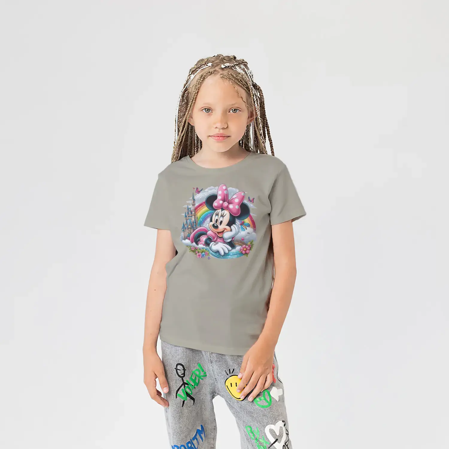 Gökkuşağı ve Şatolu Pembe Fiyonklu Fare Kahraman Baskılı Kız Çocuk Tişörtü