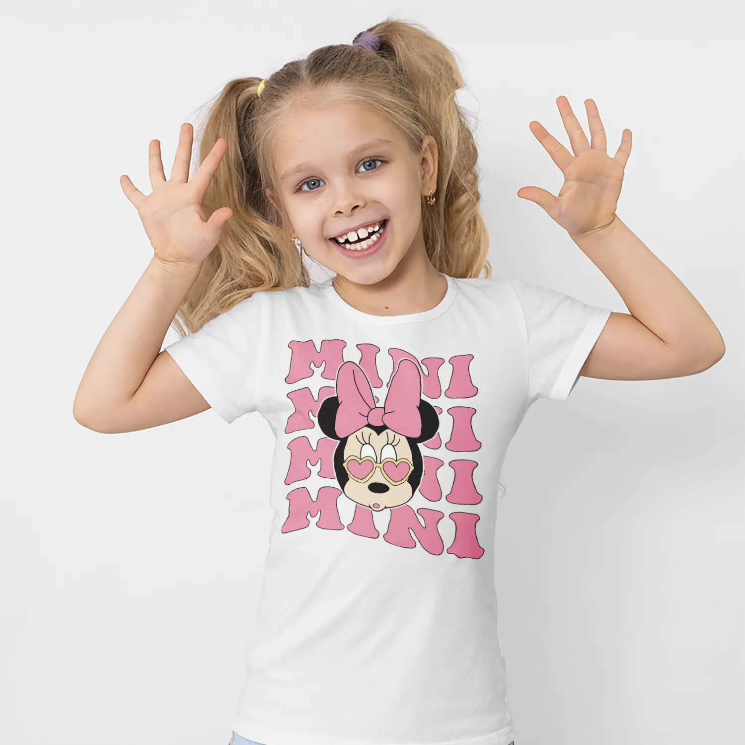 Kalp Gözlüklü Yuvarlak Kulaklı Fare Karikatür Mini Yazılı Baskılı Kız Çocuk Tişörtü