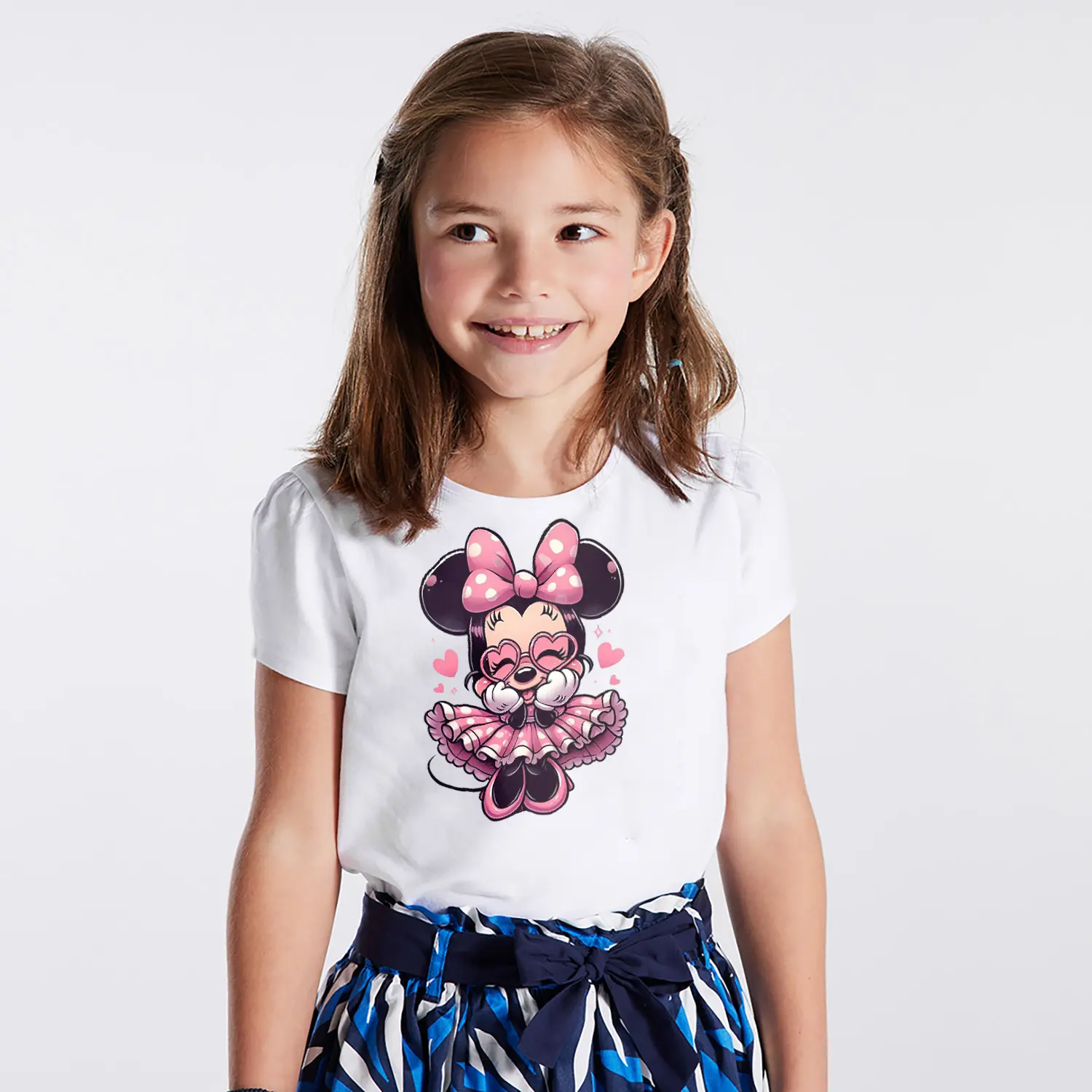 Kalpli Fiyonklu Yuvarlak Kulaklı Fare Karikatür Figürlü Baskılı Kız Çocuk Tişörtü