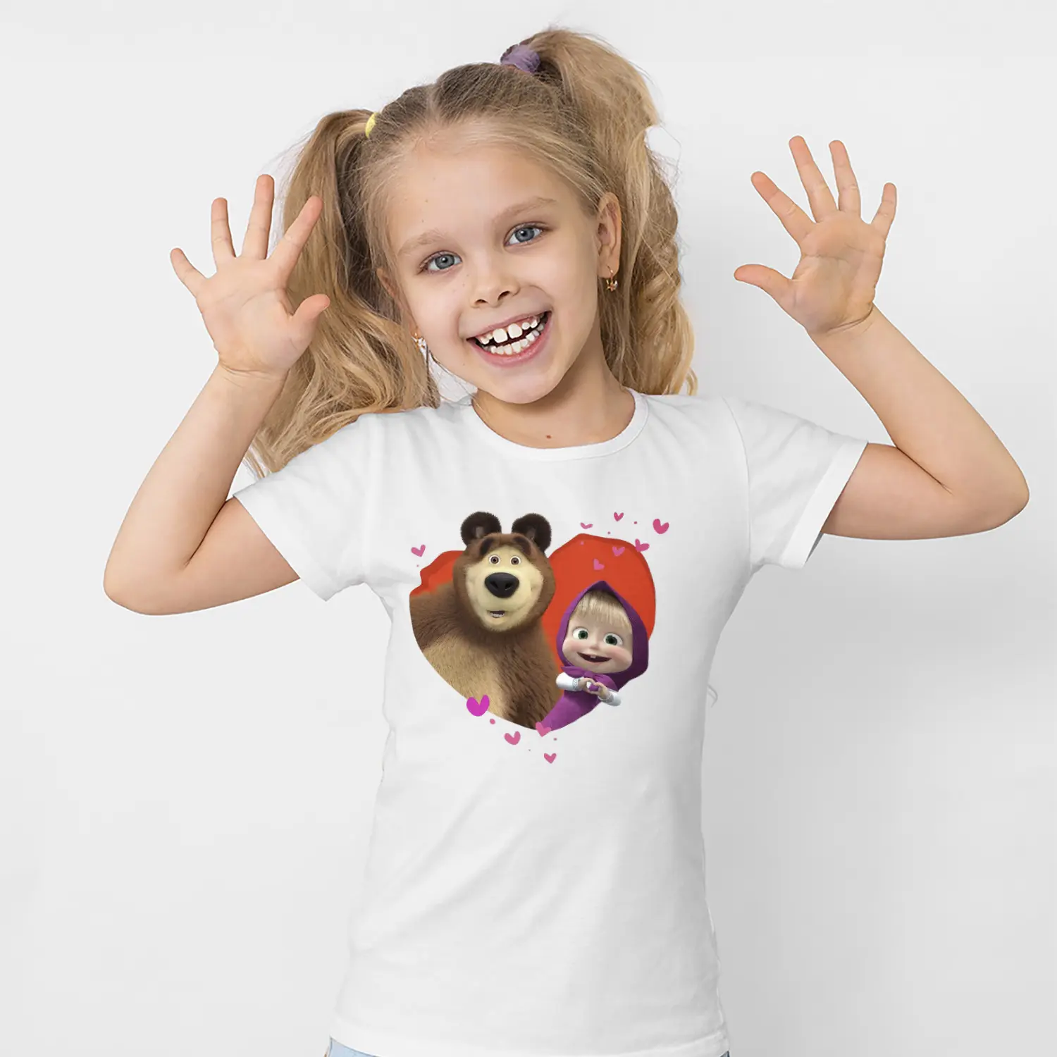 Kalpli Küçük Kız ve Ayı Animasyon Figürlü Baskılı Kız Çocuk Tişörtü