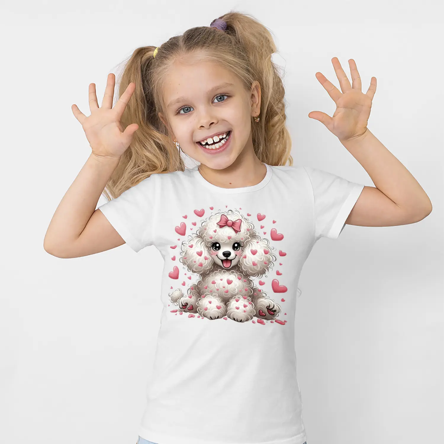 Kalpli Sevimli Kıvırcık Köpek Figürlü Baskılı Kız Çocuk Tişörtü
