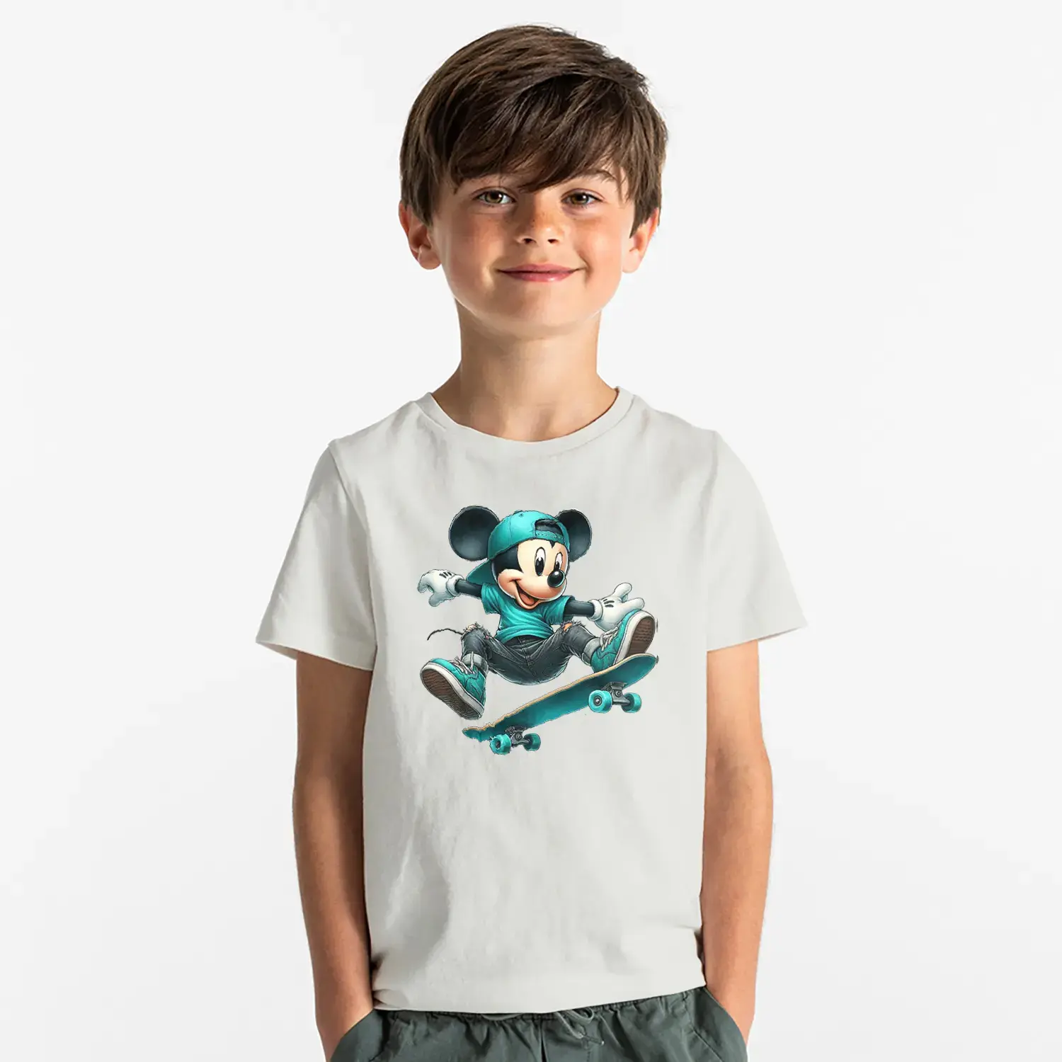 Kaykaycı Sevimli Fare Baskılı Erkek Çocuk Tişört