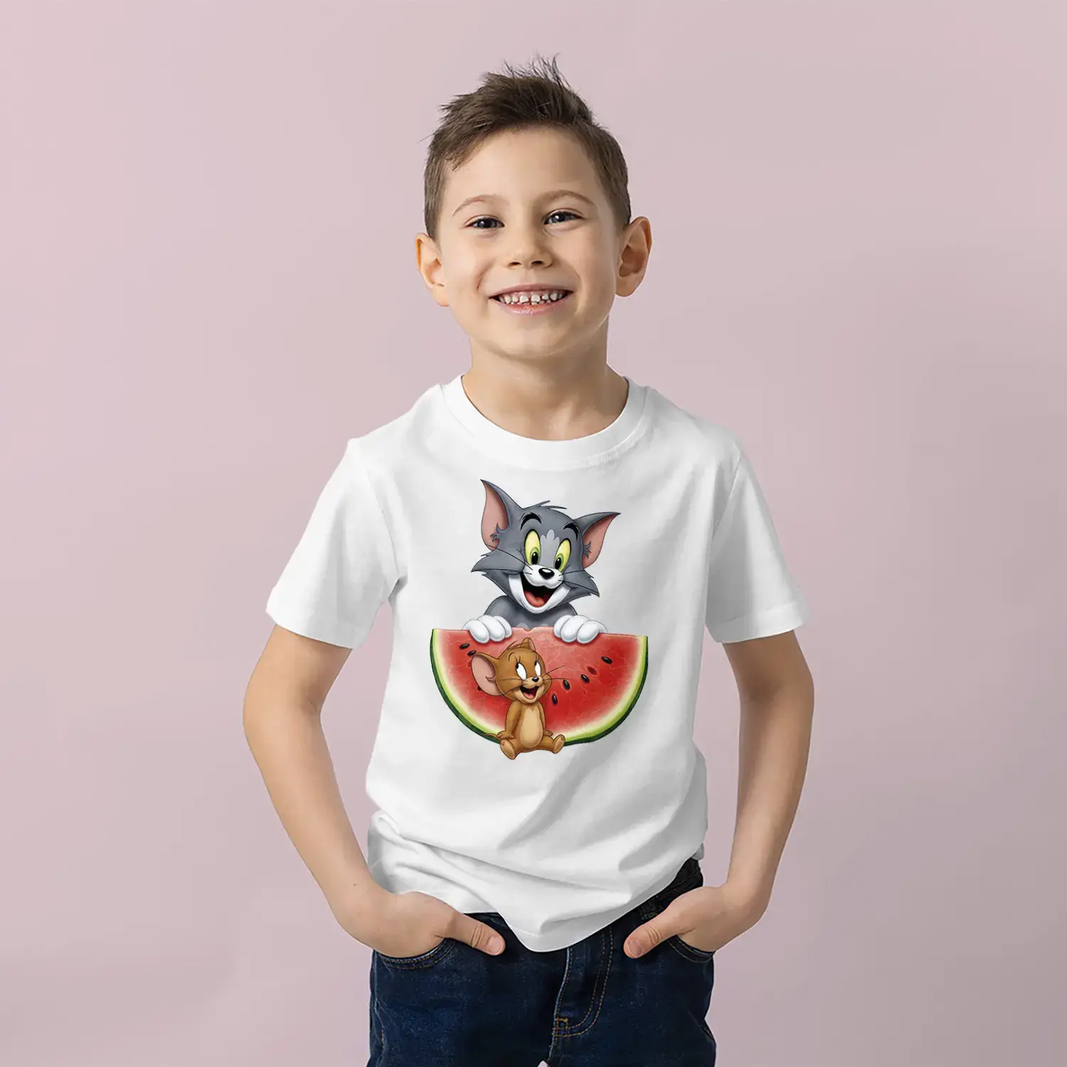 Kedi Fare Karpuz Eğlencesi Baskılı Erkek Çocuk Tişört