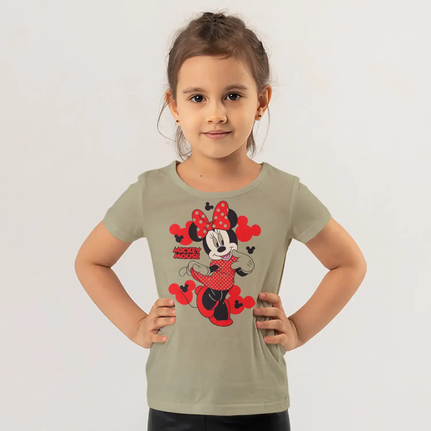 Kırmızı Puantiyeli Fiyonklu Fare Kız Kırmızı Siluet Baskılı Kız Çocuk Tişörtü