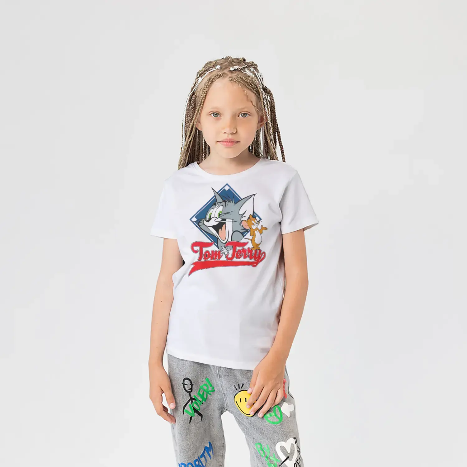 Komik Kedi ve Fare İkili Karikatür Baskılı Kız Çocuk Tişörtü