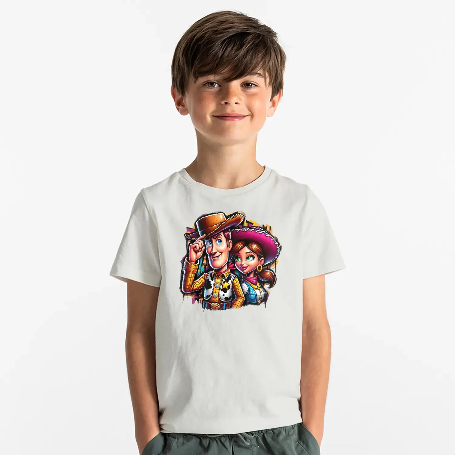 Kovboy Ve Kız Çizgi Karakter Baskılı Erkek Çocuk Tişört