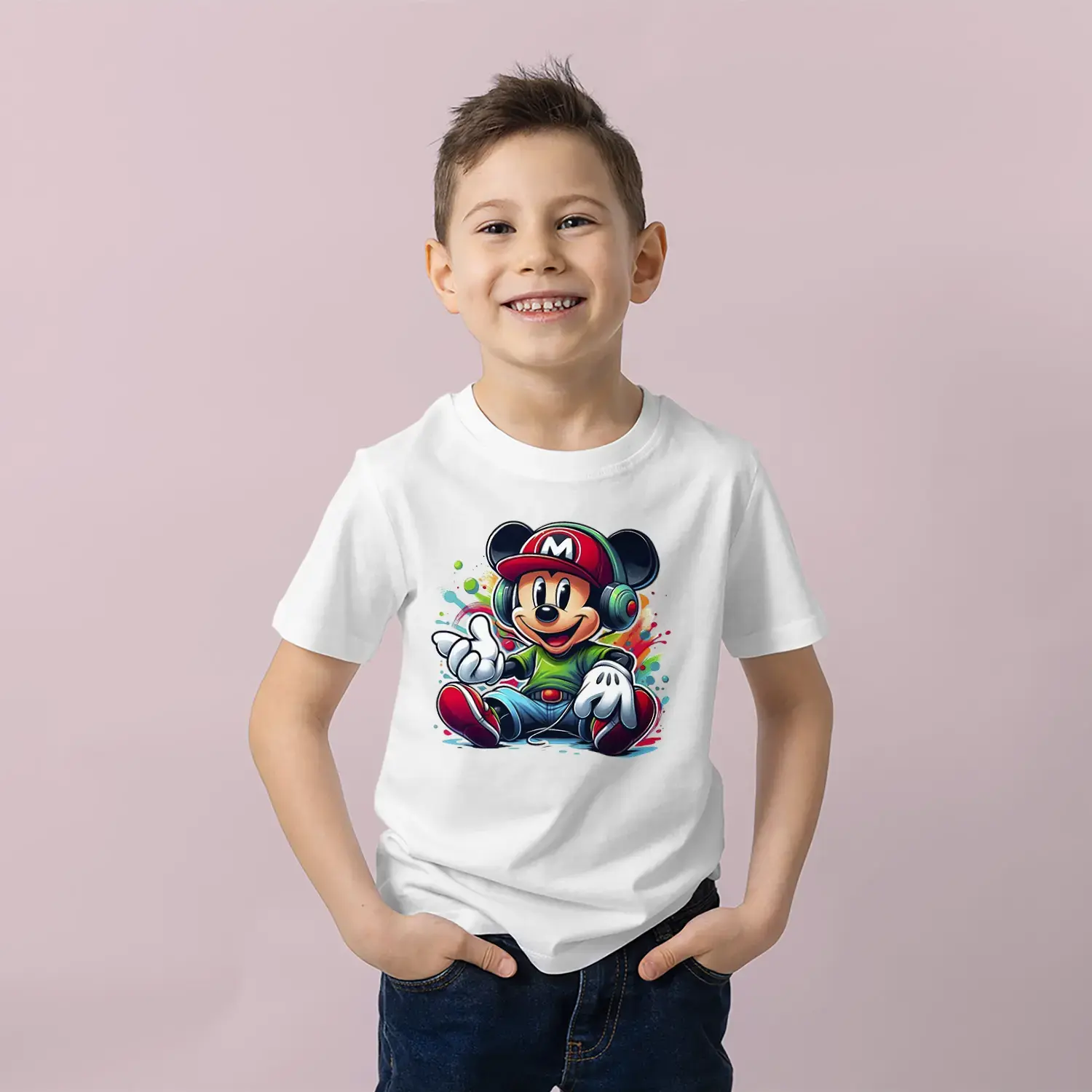 Kulaklıklı Sevimli Fare Baskılı Erkek Çocuk Tişört