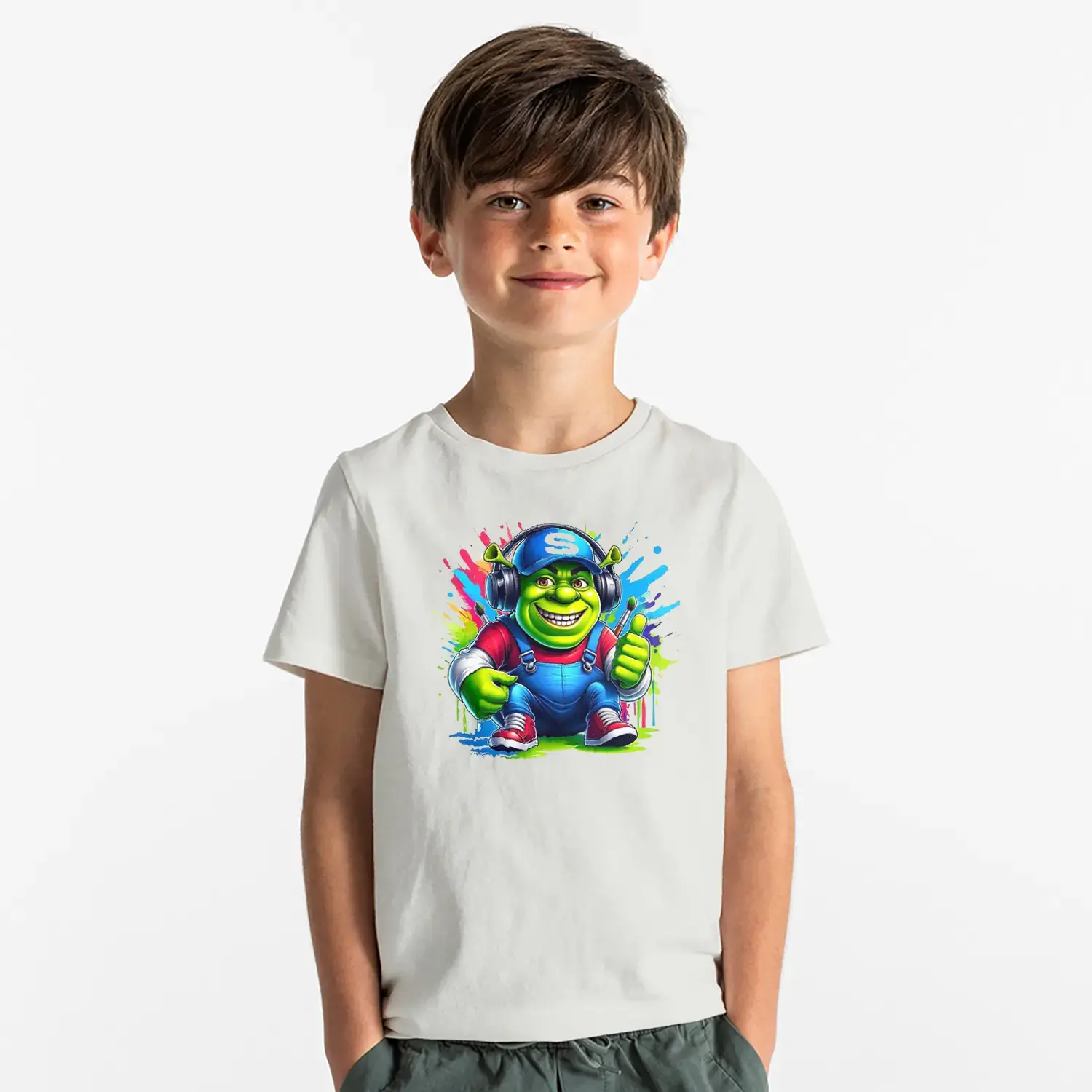 Kulaklıklı Yeşil Canavar Baskılı Erkek Çocuk Tişört