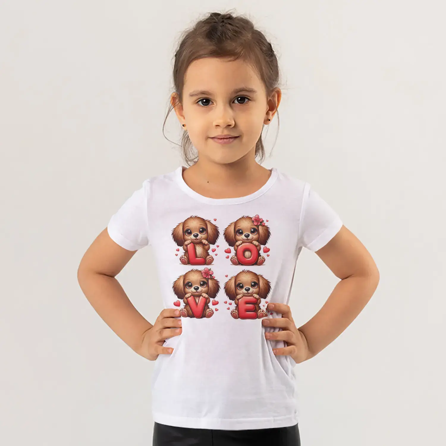Love Harfli Dört Sevimli Köpek Yavrusu Kalp Baskılı Kız Çocuk Tişörtü