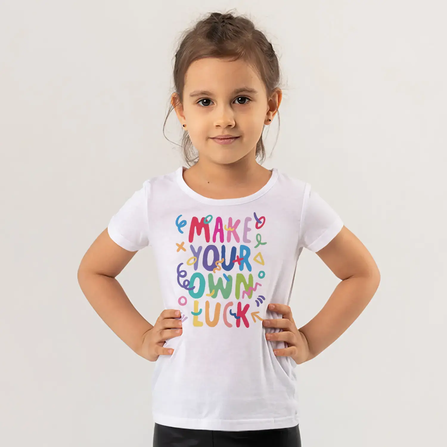 Make Your Own Luck Renkli Motivasyon Yazı Baskılı Kız Çocuk Tişörtü