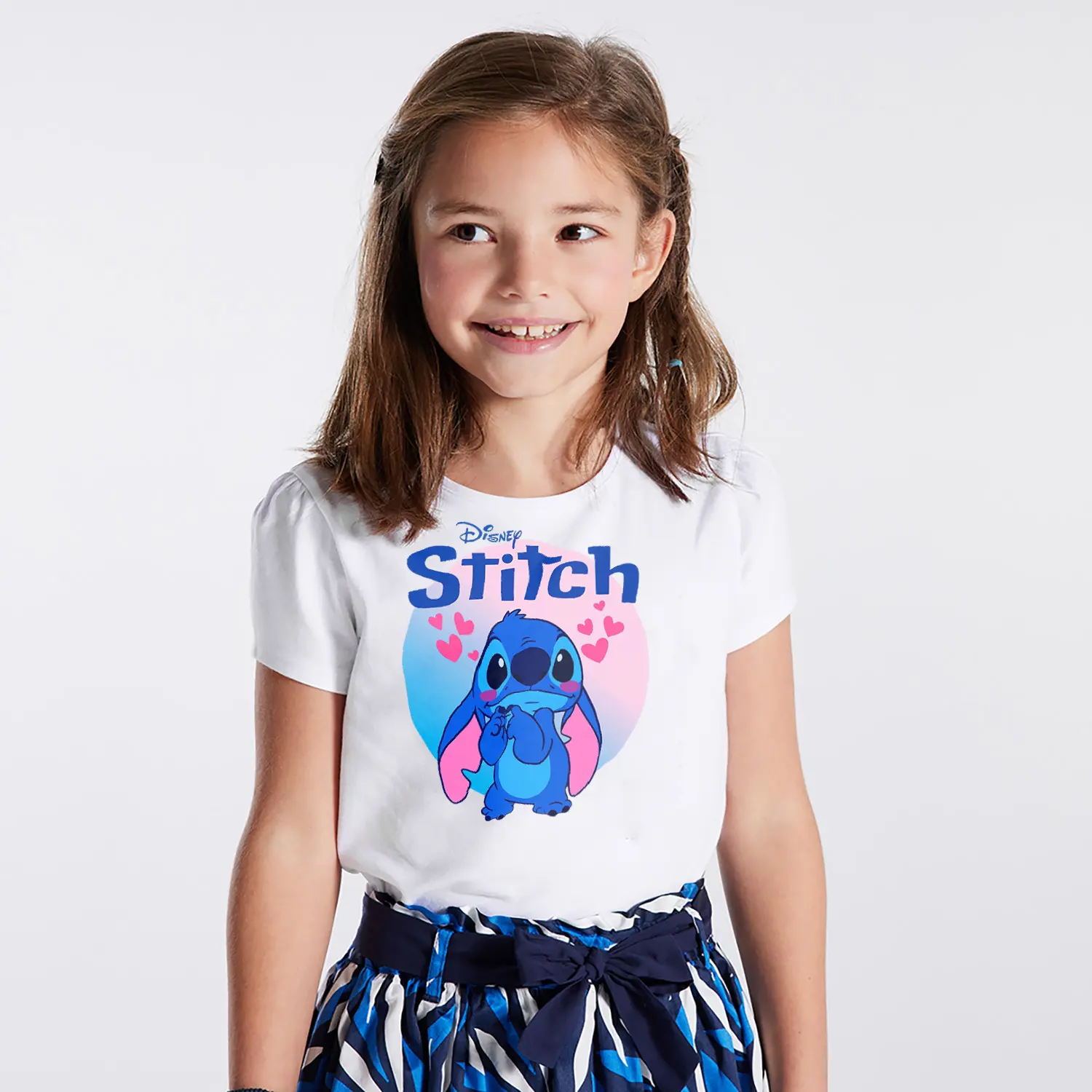 Mavi Uzaylı Yaratık Kalpli Figürlü Baskılı Kız Çocuk Tişörtü