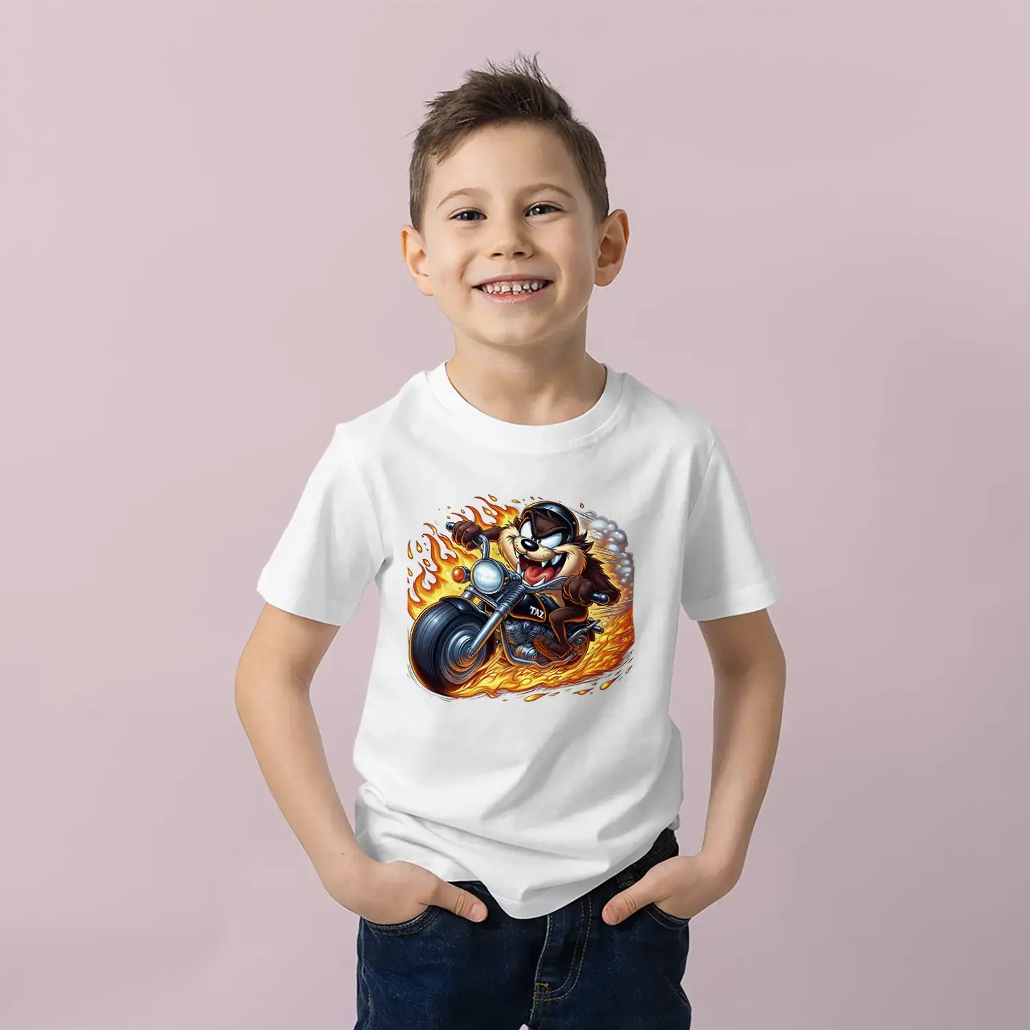 Motorcu Çılgın Karakter Baskılı Erkek Çocuk Tişört