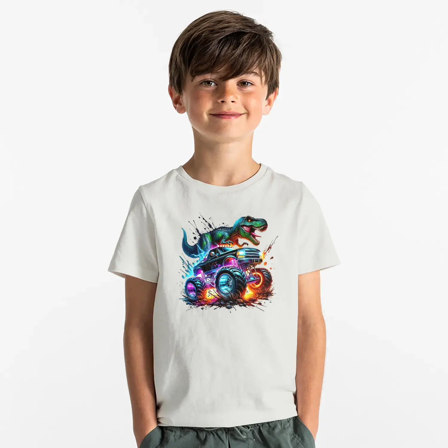 Neon Dinozor Arabalı Baskılı Erkek Çocuk Tişört