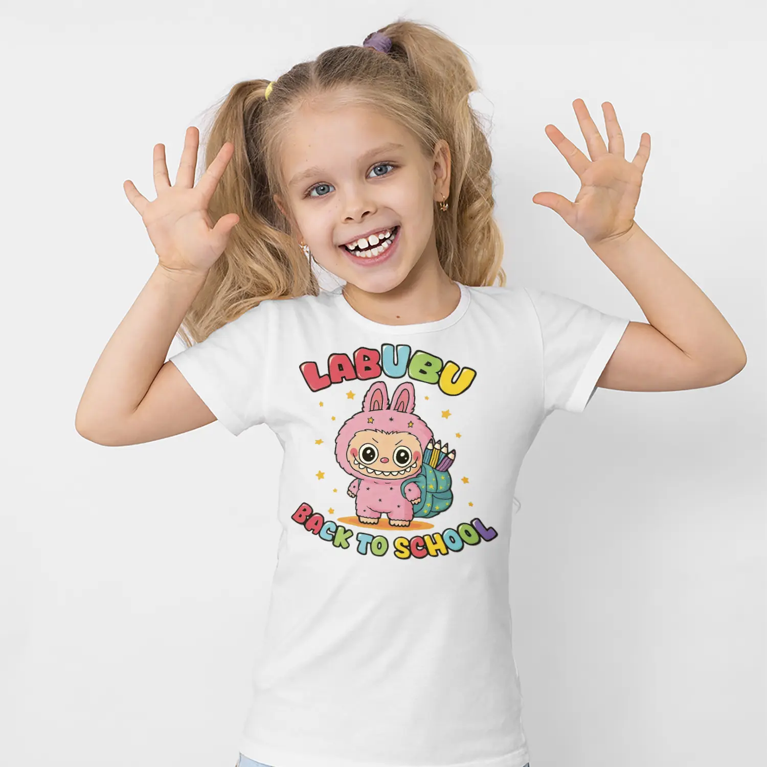 Okul Çantalı Sevimli Tavşan Karikatür Figürlü Baskılı Kız Çocuk Tişörtü