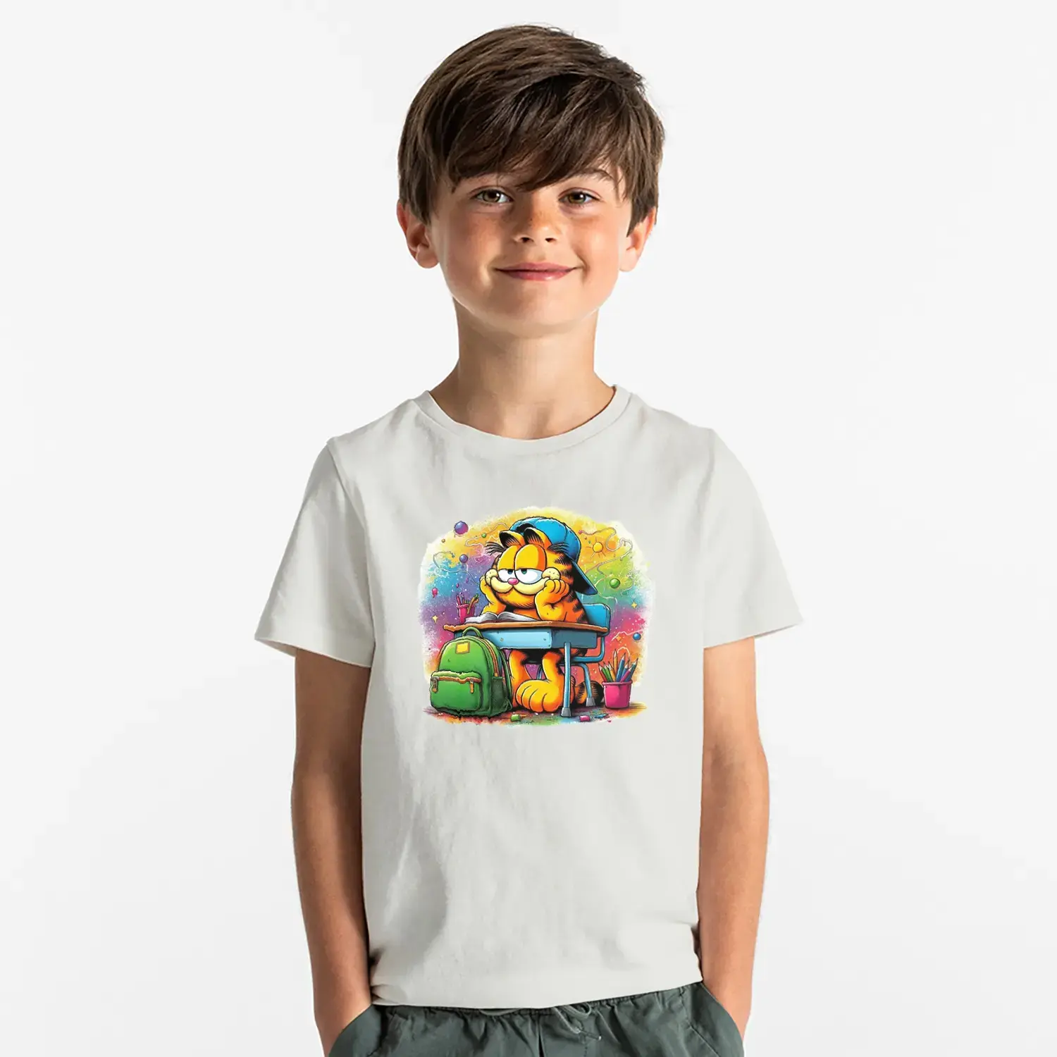 Okul Temalı Sevimli Kedi Çizgi Karakter Baskılı Erkek Çocuk Tişört