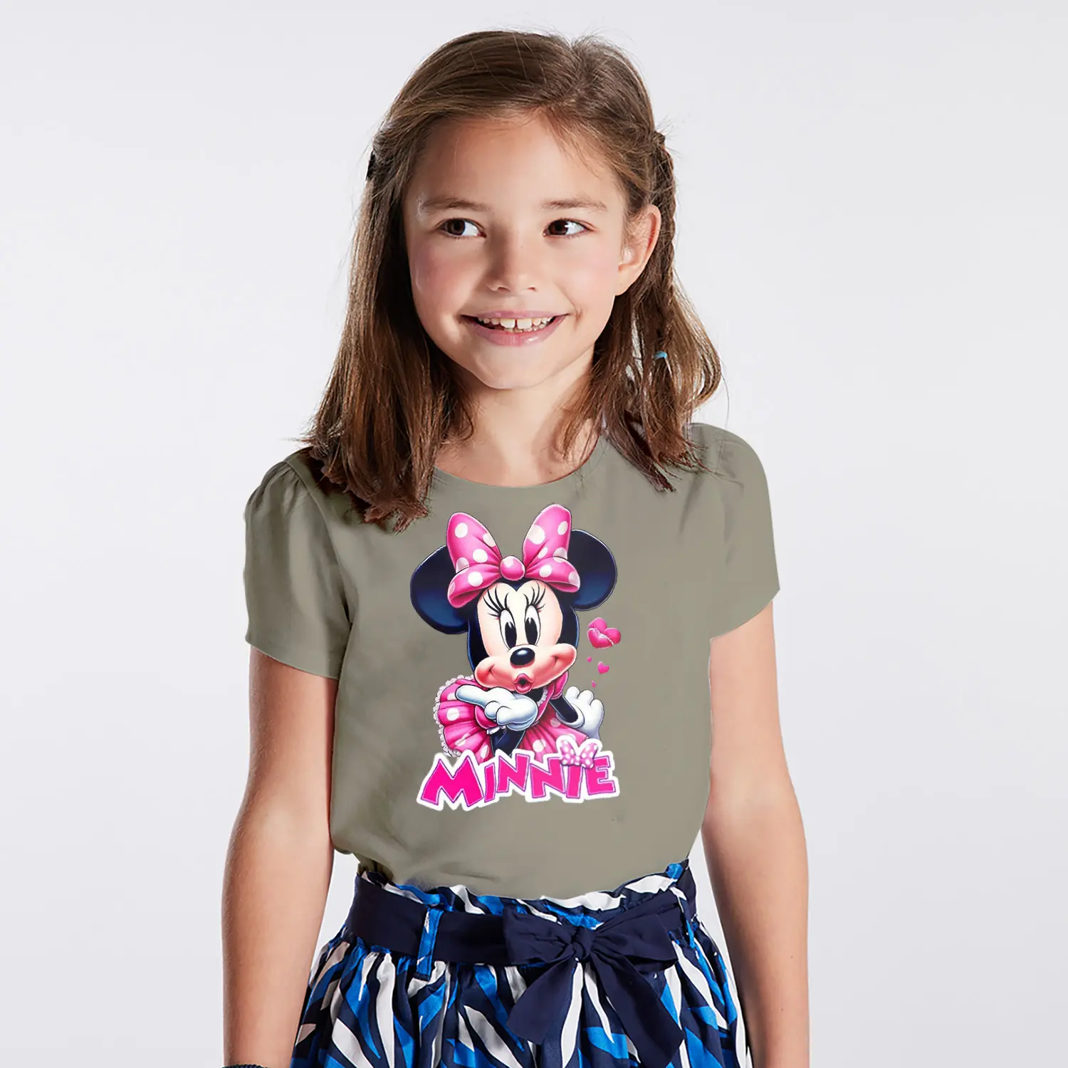 Pembe Elbiseli Kalpli Yuvarlak Kulaklı Fare Karikatür Minnie Yazılı Baskılı Kız Çocuk Tişörtü