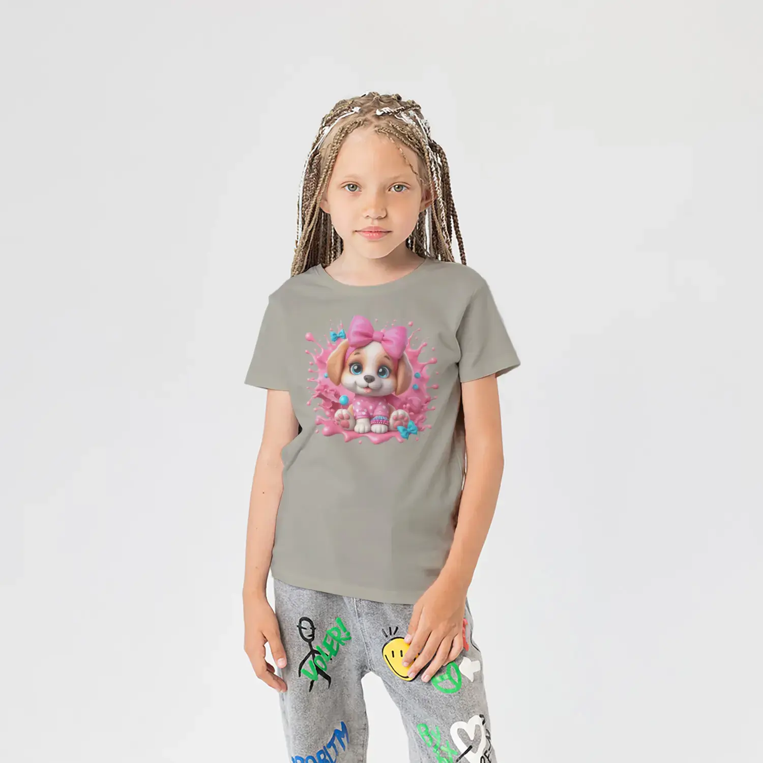 Pembe Fiyonklu Sevimli Köpek Yavrusu Baskılı Kız Çocuk Tişörtü