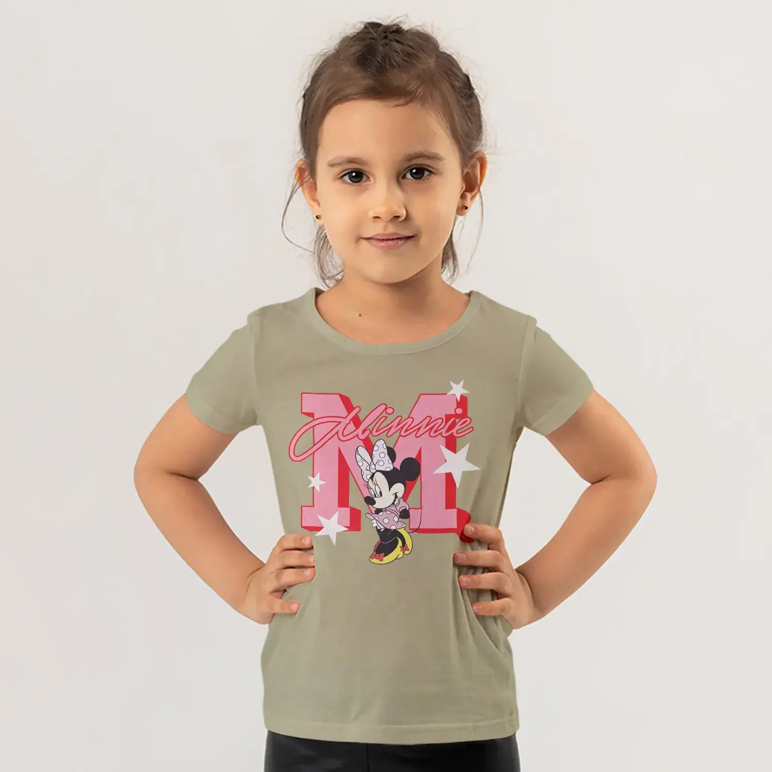 Pembe M Harfli Fiyonklu Şık Fare Kahraman Baskılı Kız Çocuk Tişörtü