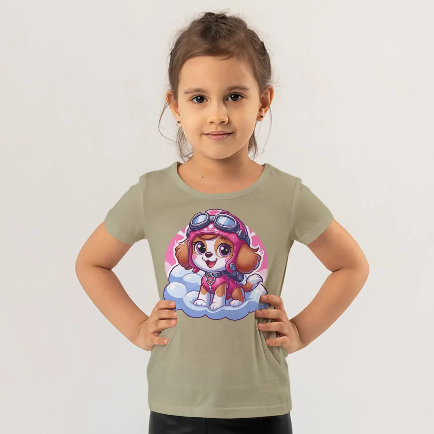 Pembe Pilotlu Sevimli Köpek Yavrusu Bulut Üzerinde Baskılı Kız Çocuk Tişörtü