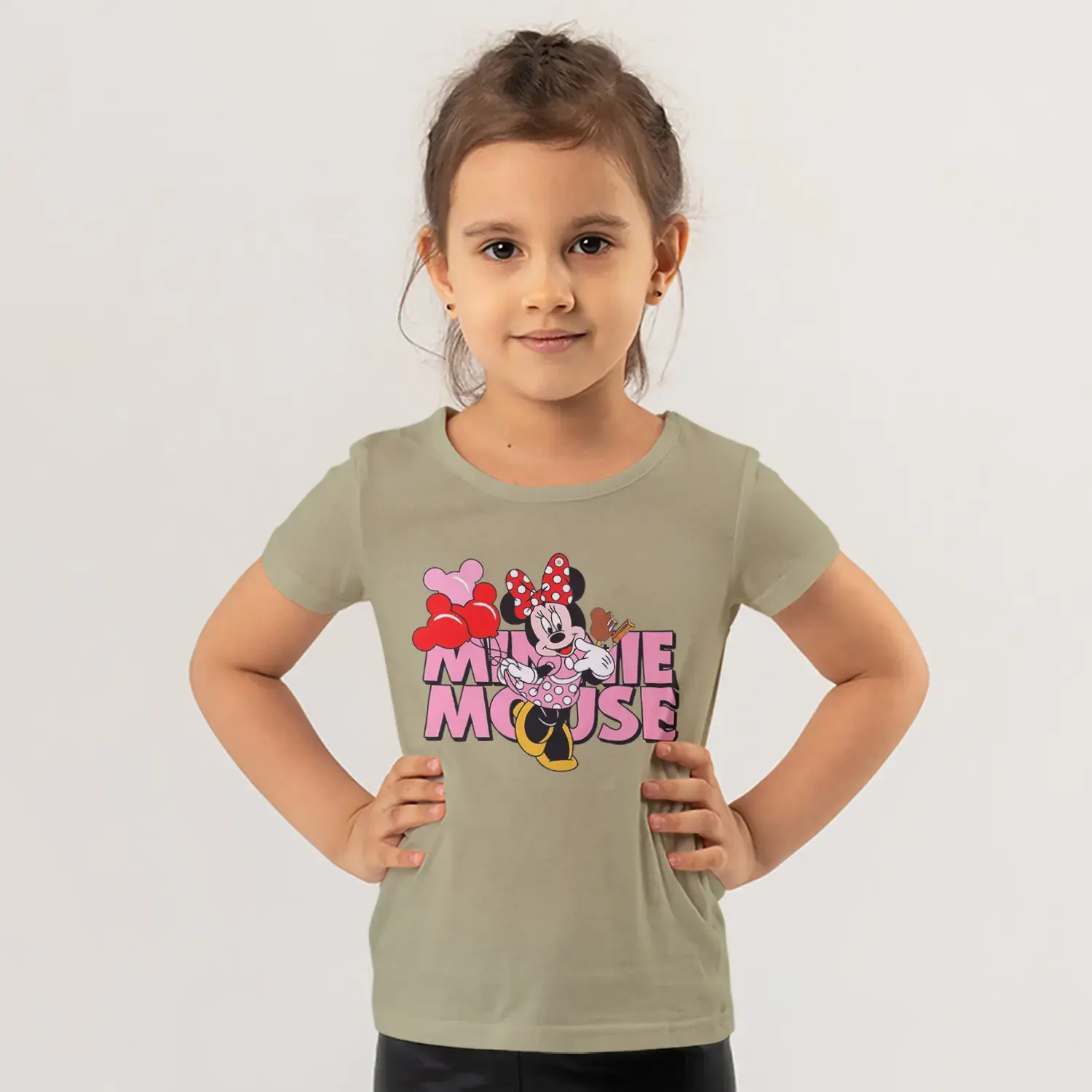 Pembe Puantiyeli Elbiseli Fare Kız Balon Tutuyor Pembe Yazılı Baskılı Kız Çocuk Tişörtü