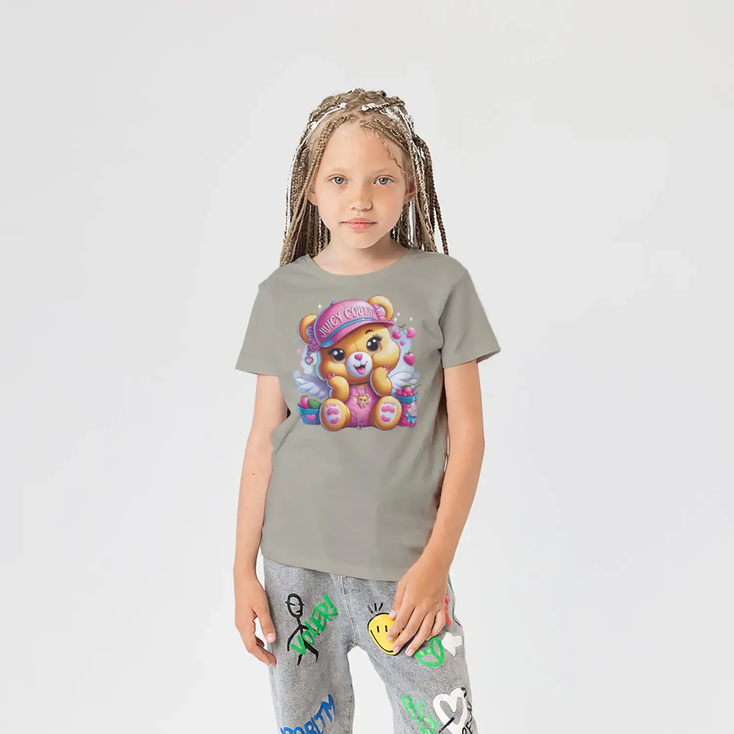 Pembe Şapkalı Tatlı Ayıcık Melek Kanatlı Baskılı Kız Çocuk Tişörtü