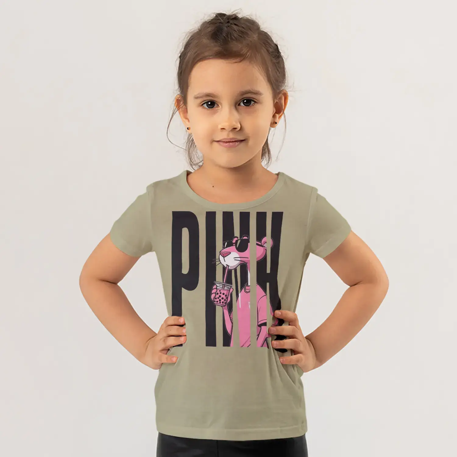 Pink Yazılı Güneş Gözlüklü Pembe Panter Baskılı Kız Çocuk Tişörtü