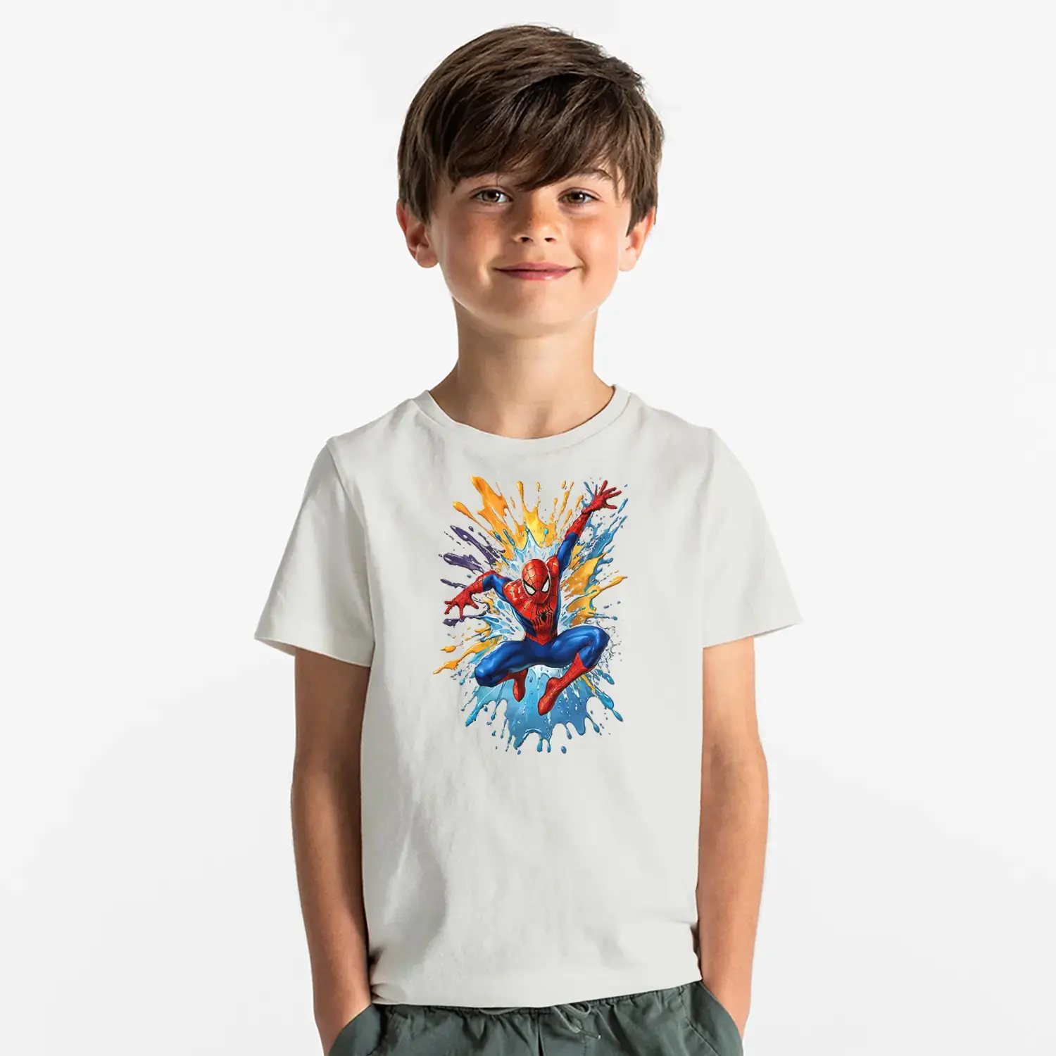 Renk Patlamalı Zıplayan Ağ Atan Süper Kahraman Baskılı Erkek Çocuk Tişört