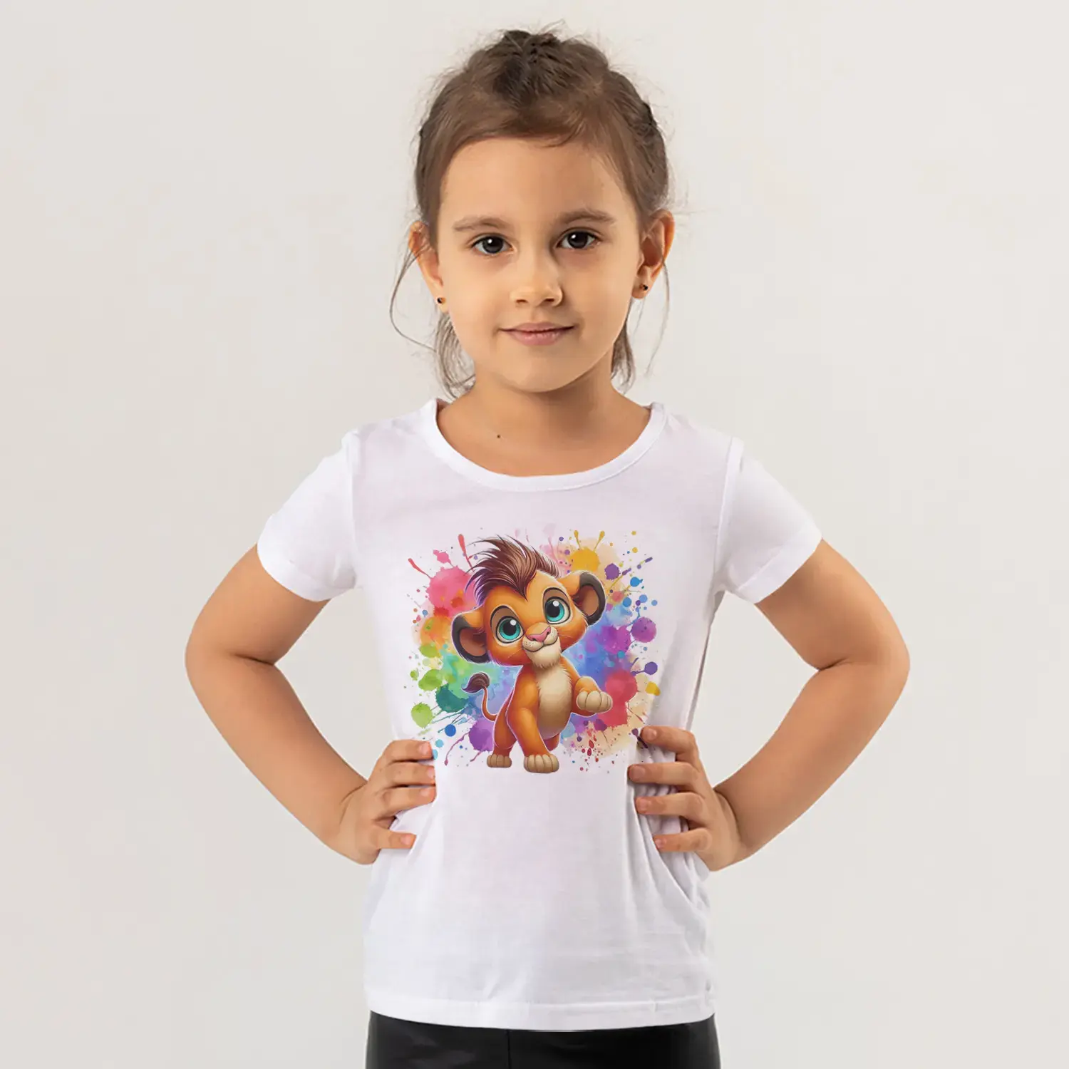 Renkli Boya Sıçramalı Sevimli Aslan Yavrusu Baskılı Kız Çocuk Tişörtü