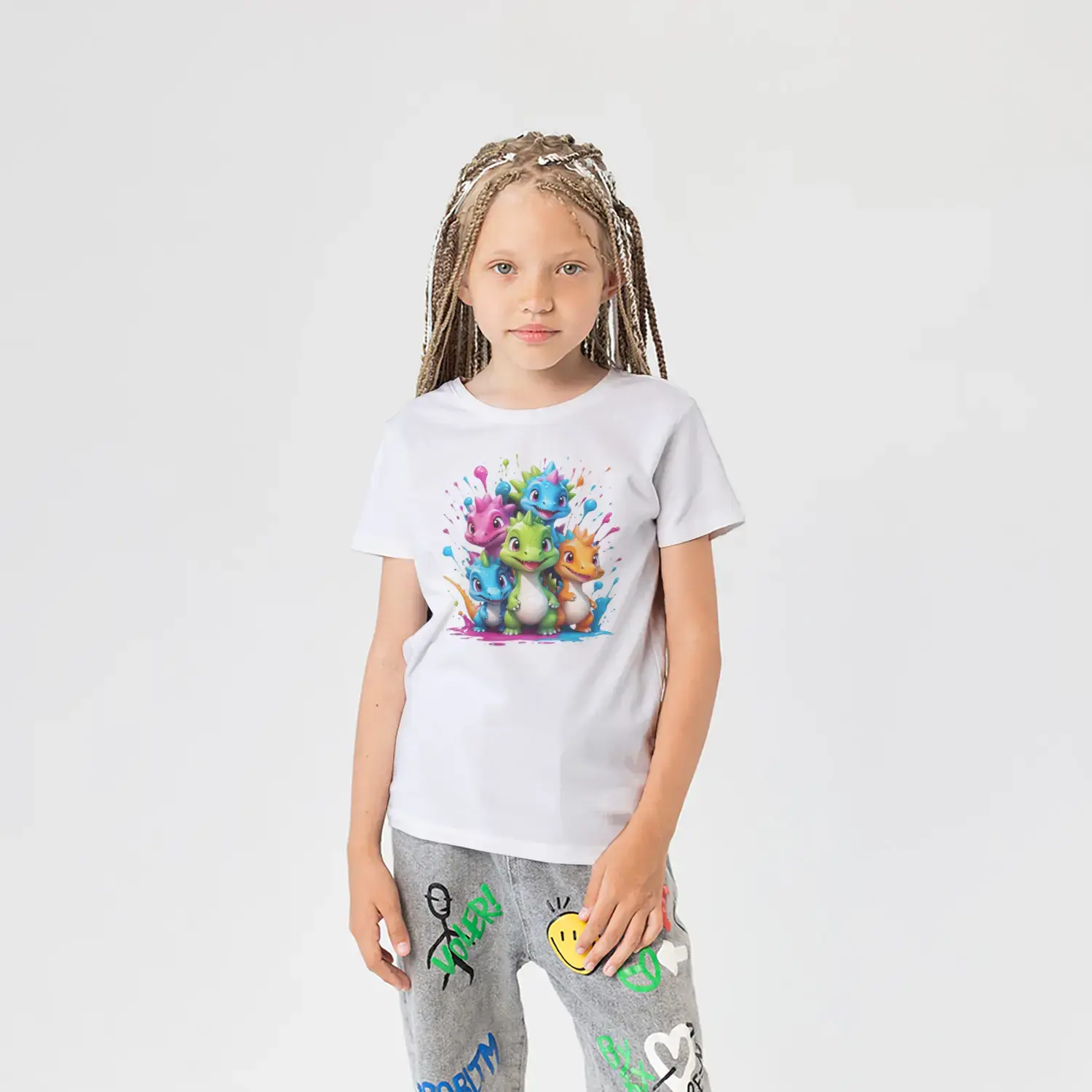 Renkli Boya Sıçramalı Sevimli Dinozor Grubu Baskılı Kız Çocuk