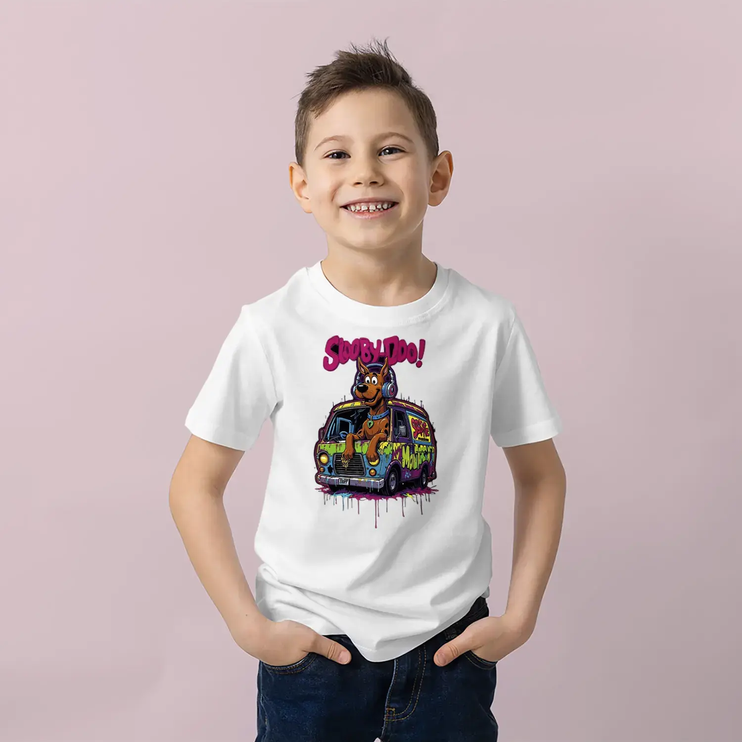 Renkli Hip-Hop Köpek Baskılı Erkek Çocuk Tişört