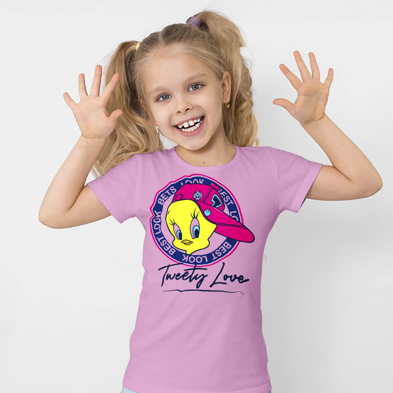 Şapkalı Sarı Kuş Karikatür Tweety Love Yazılı Baskılı Kız Çocuk Tişörtü