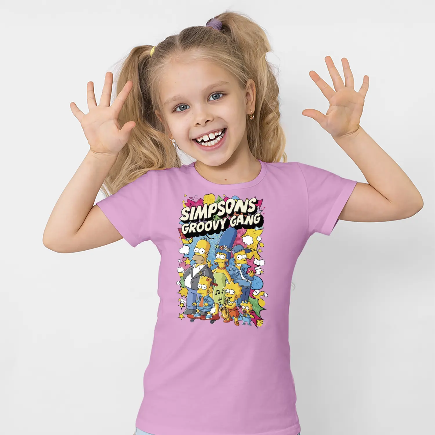 Sarı Aile Karikatür Groovy Gang Temalı Baskılı Kız Çocuk Tişörtü