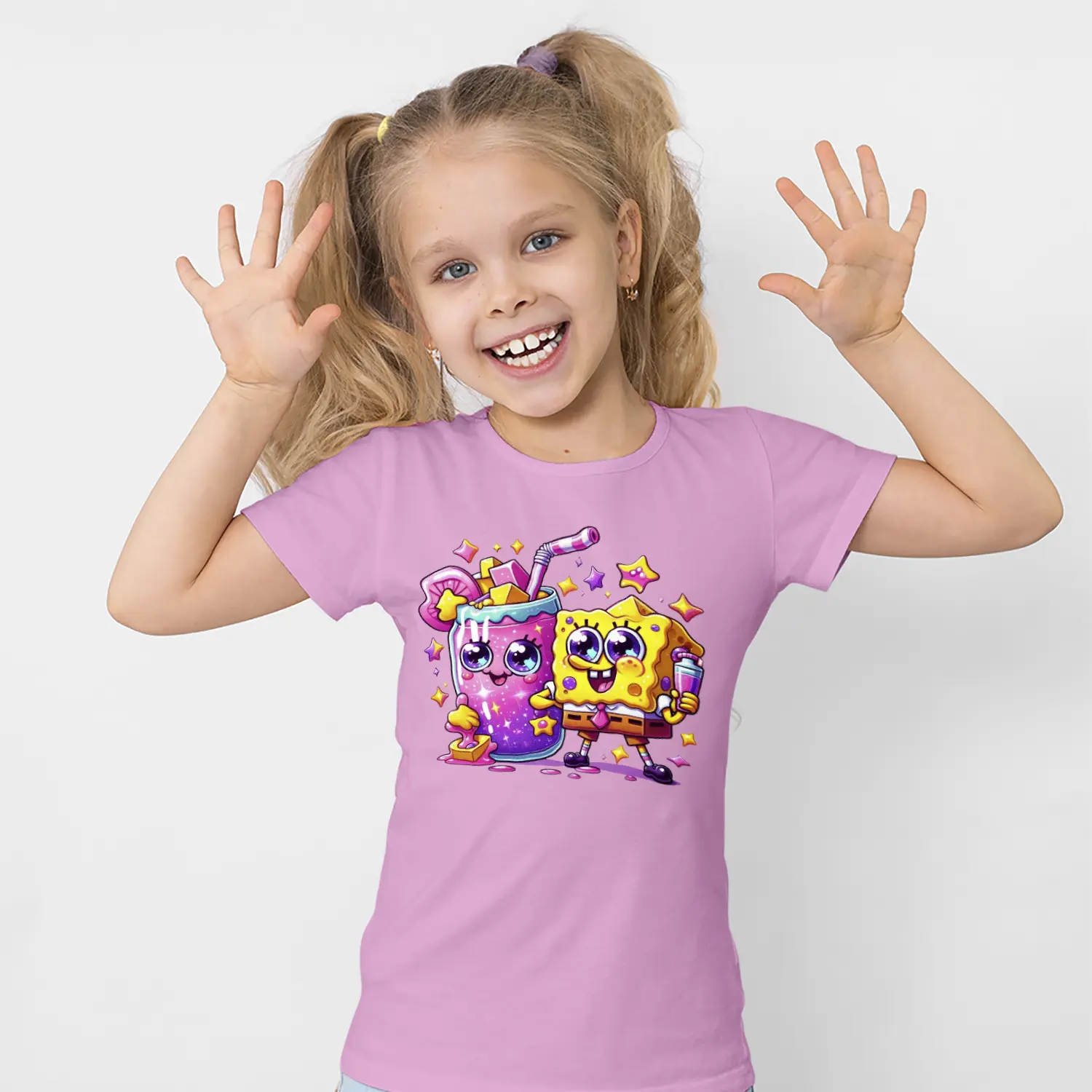Sarı Sünger Karakter ve Sevimli İçecek Figürlü Baskılı Kız Çocuk Tişörtü