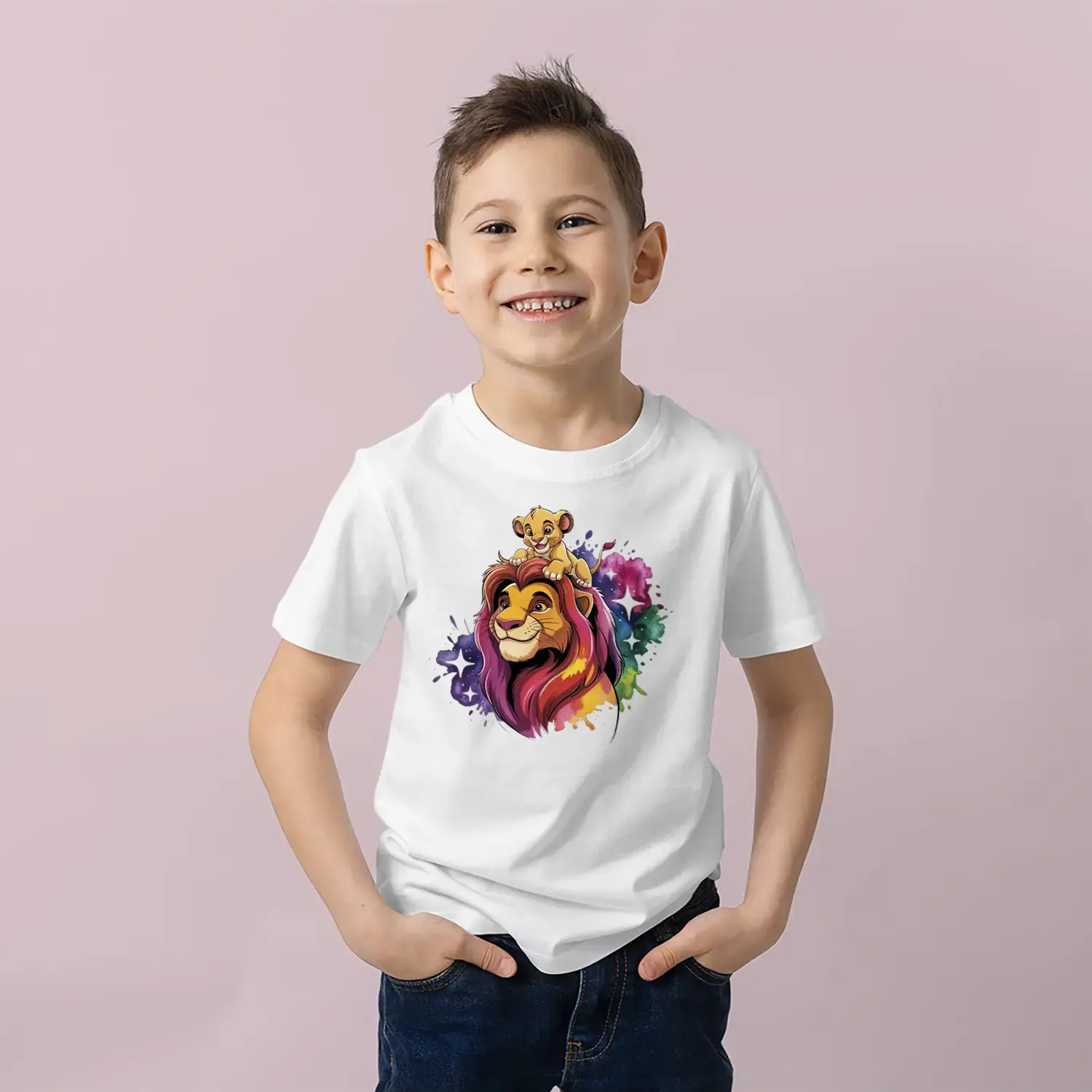 Sevimli Aslan ve Yavru Baskılı Erkek Çocuk Tişört