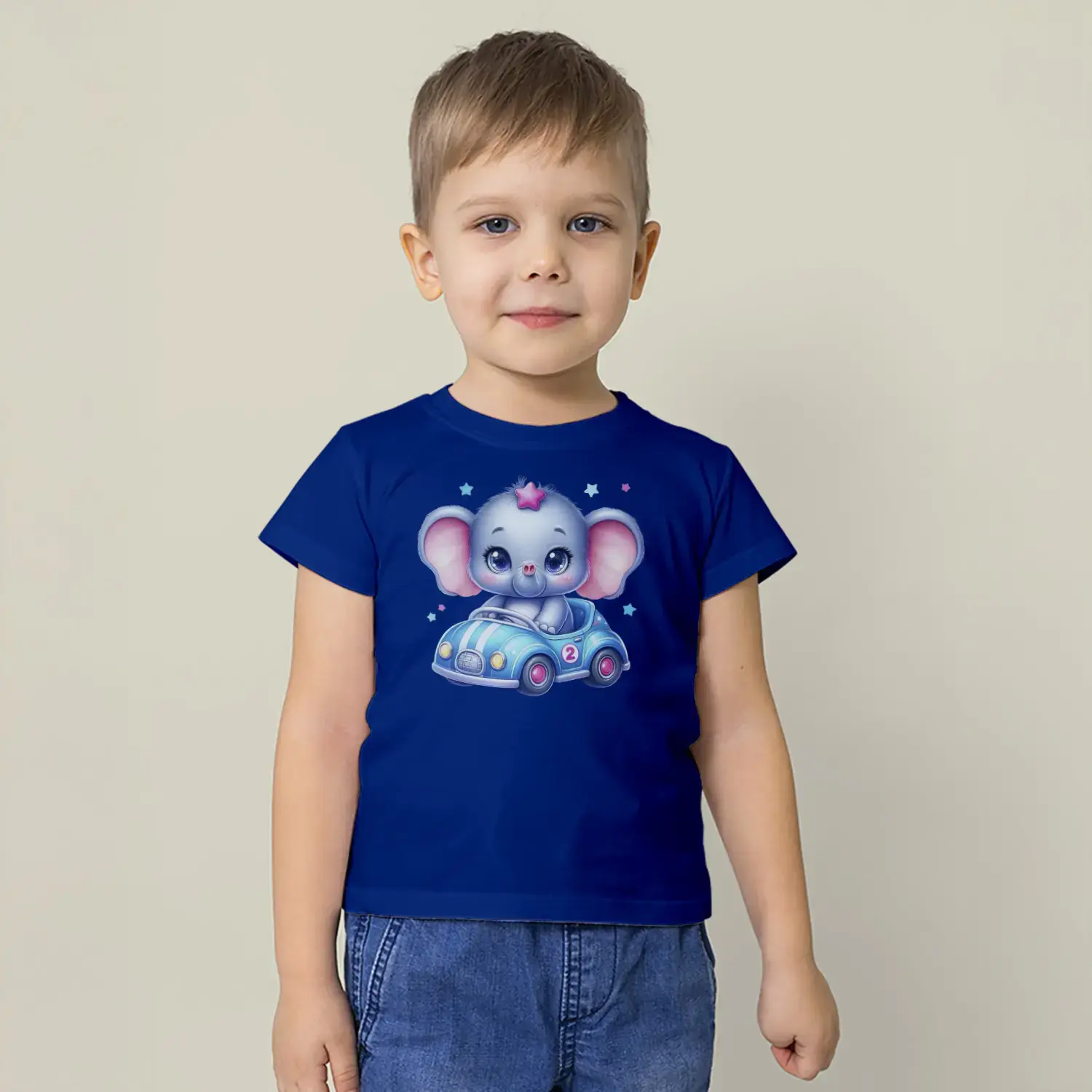 Sevimli Fil Arabada Baskılı Erkek Çocuk Tişört