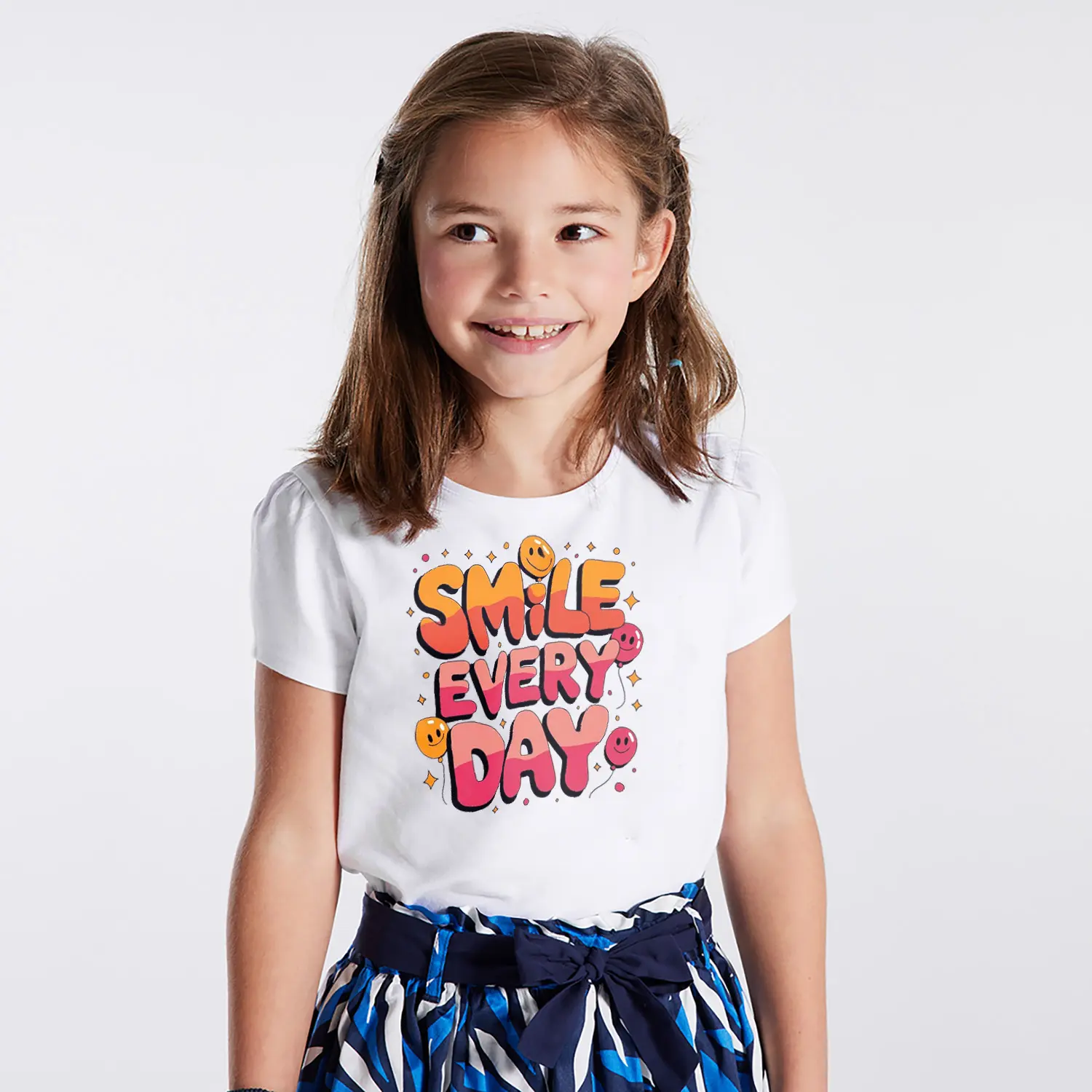 Smile Every Day Yazılı Emoji Figürlü Baskılı Kız Çocuk Tişörtü