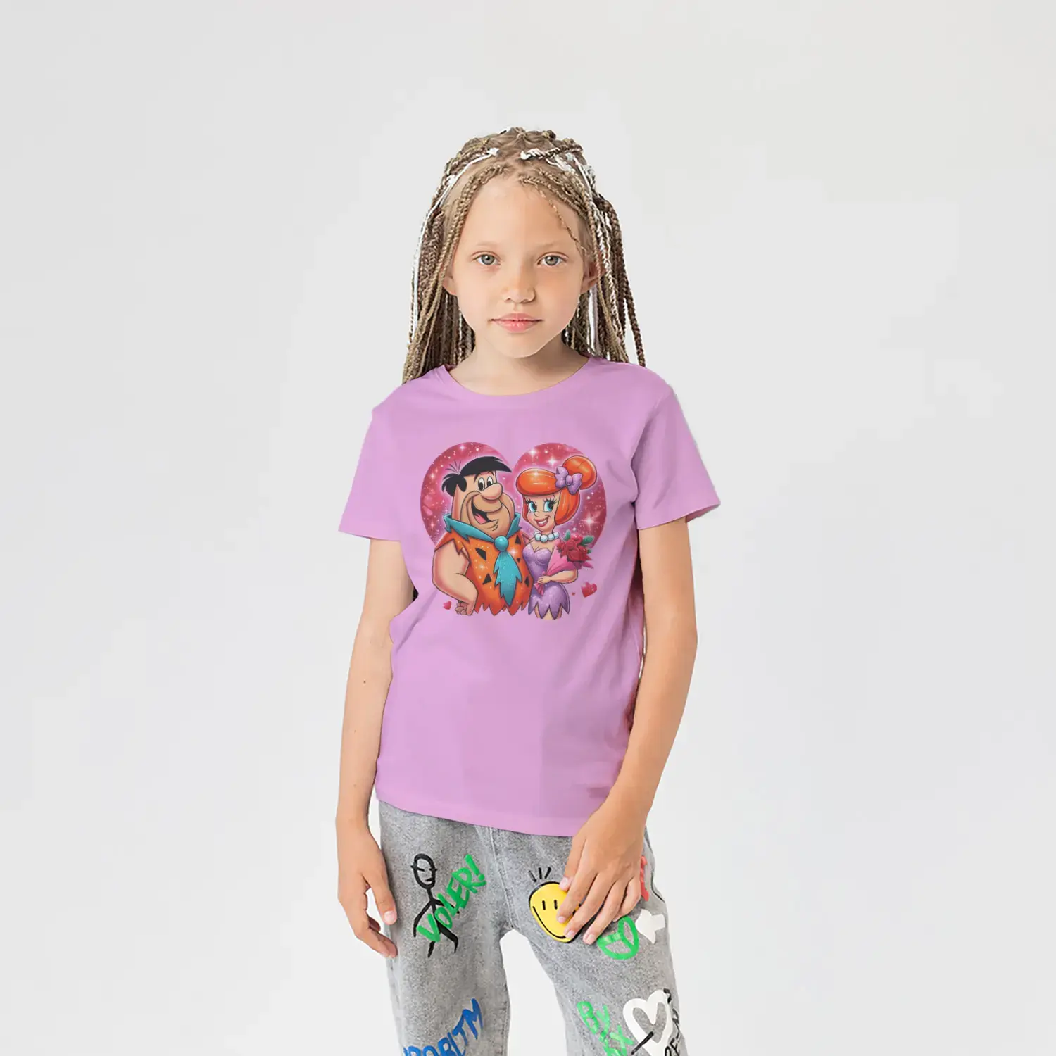 Taş Devri Çifti Kalp Çerçeveli Karikatür Baskılı Kız Çocuk Tişörtü