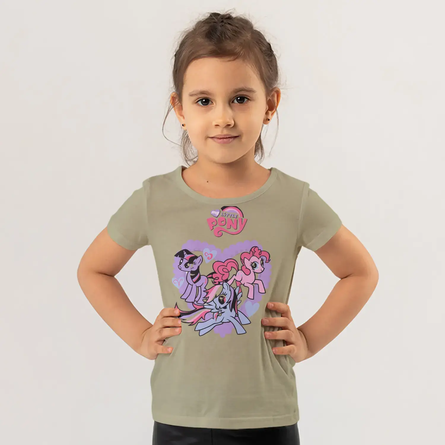 Üç Renkli Sevimli Minik At Figürlü Mor Kalp Baskılı Kız Çocuk