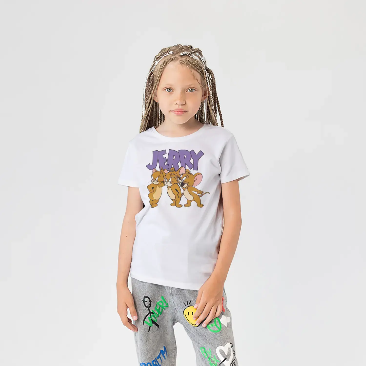 Üçlü Sevimli Fare Figürlü Karikatür Baskılı Kız Çocuk Tişörtü