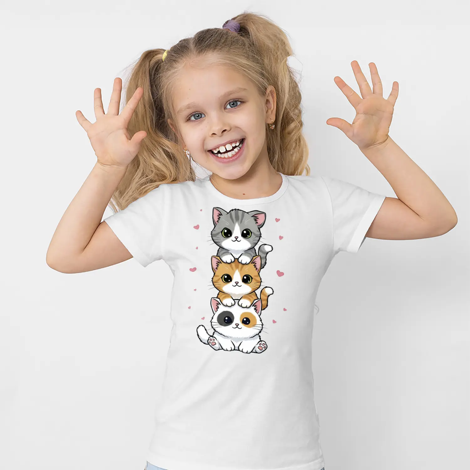 Üst Üste Sevimli Üçlü Kedi Figürlü Baskılı Kız Çocuk Tişörtü