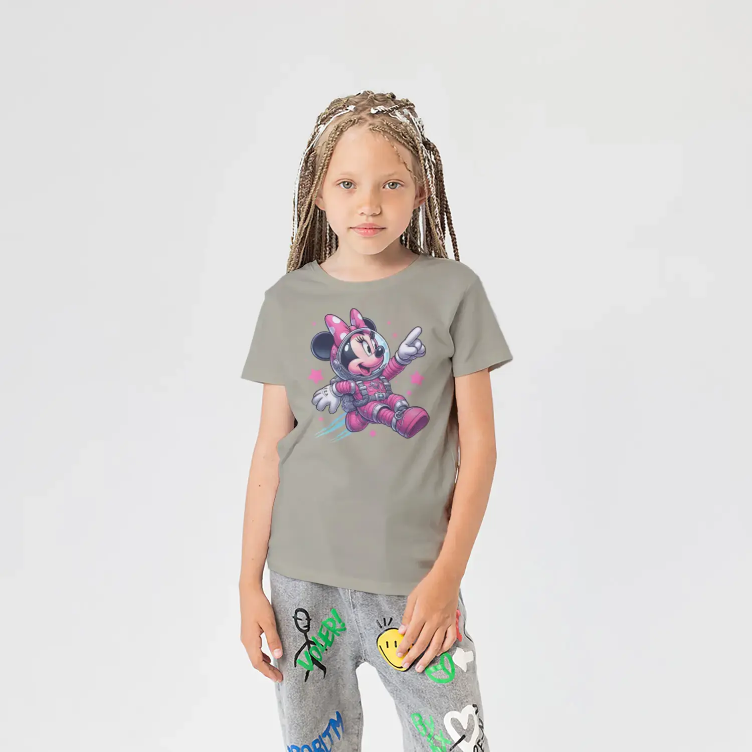 Uzay Giysili Pembe Fiyonklu Fare Kahraman Baskılı Kız Çocuk