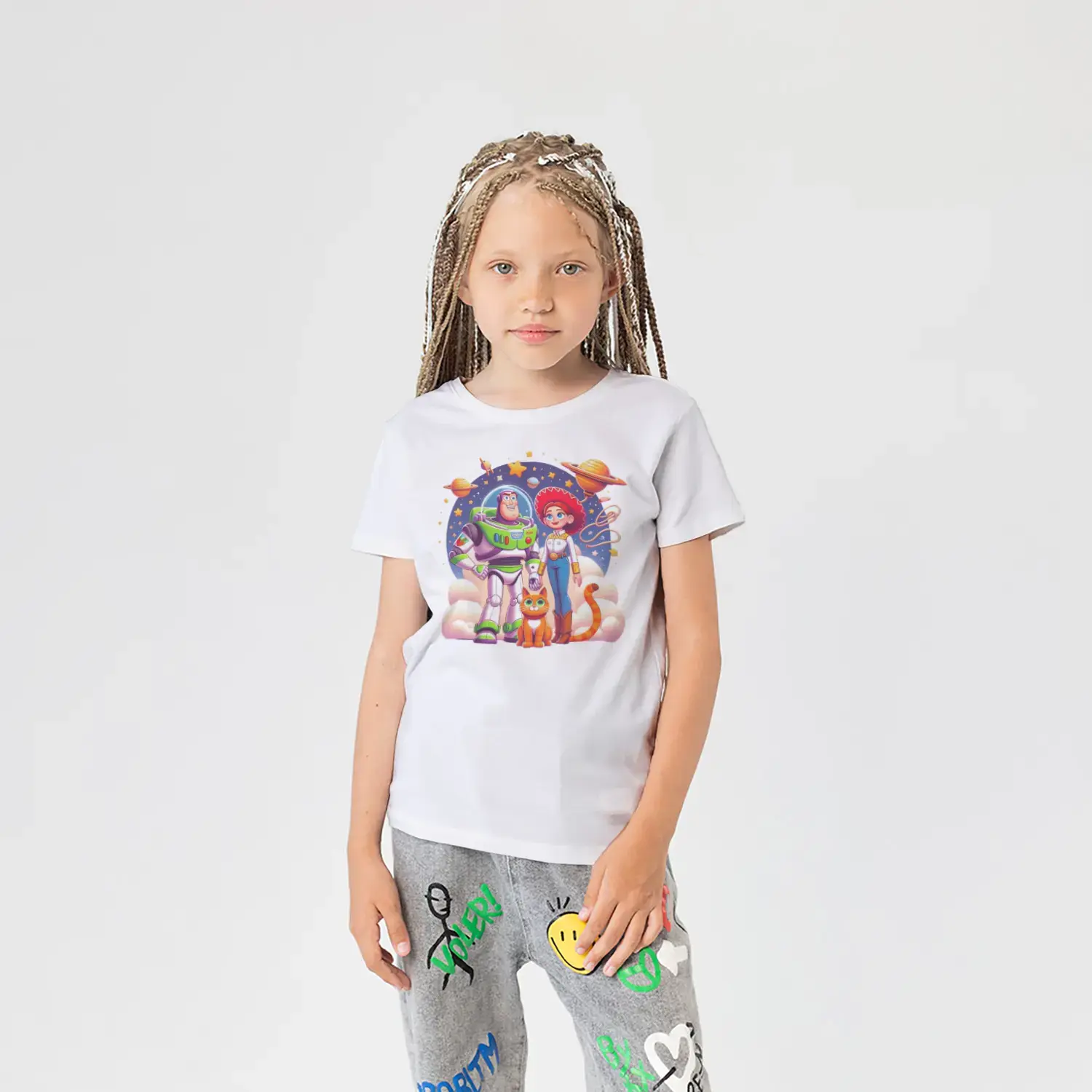 Uzay Temalı Astronot Kahraman ve Kovboy Kız İkili Baskılı Kız Çocuk Tişörtü