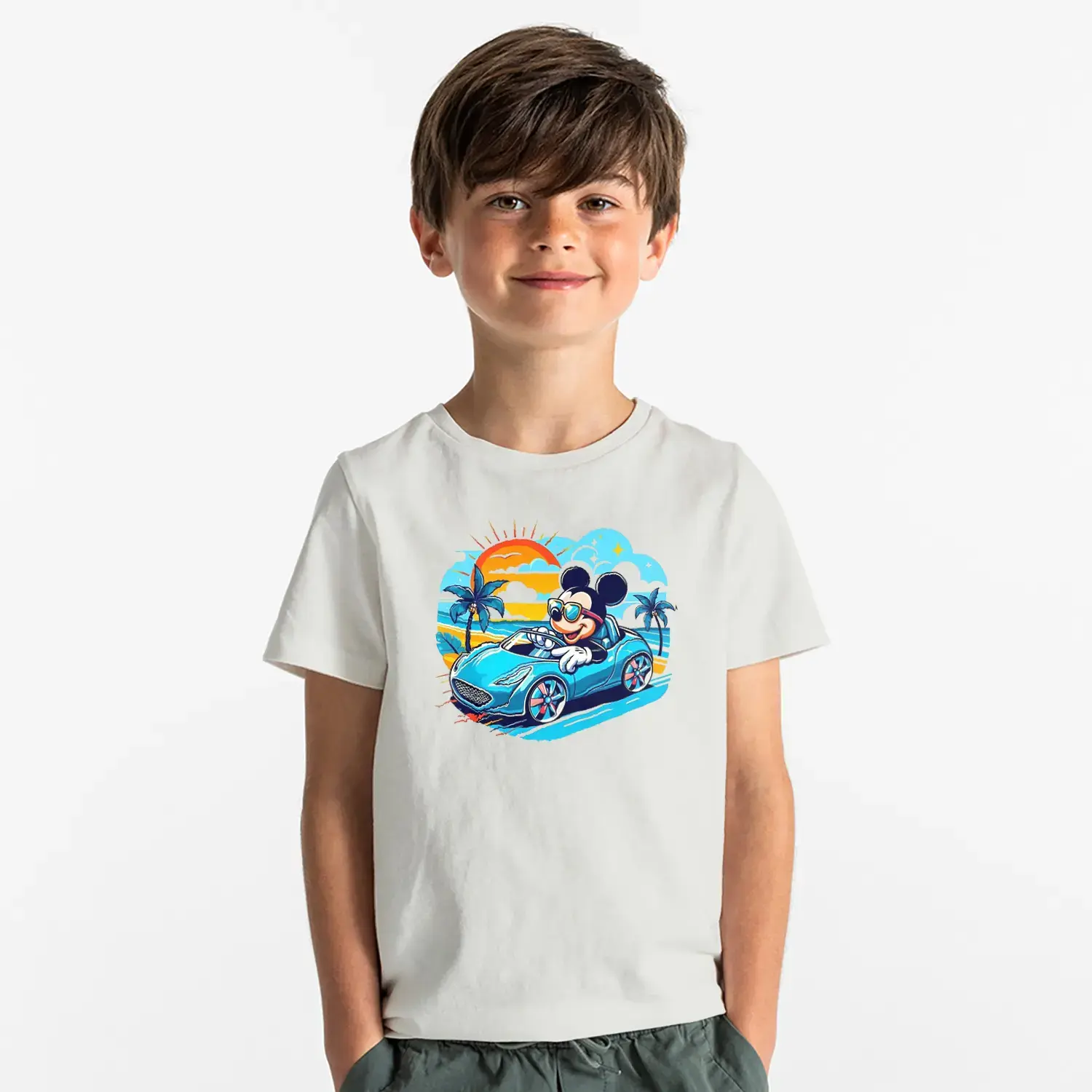 Yaz Temalı Arabalı Sevimli Fare Baskılı Erkek Çocuk Tişört