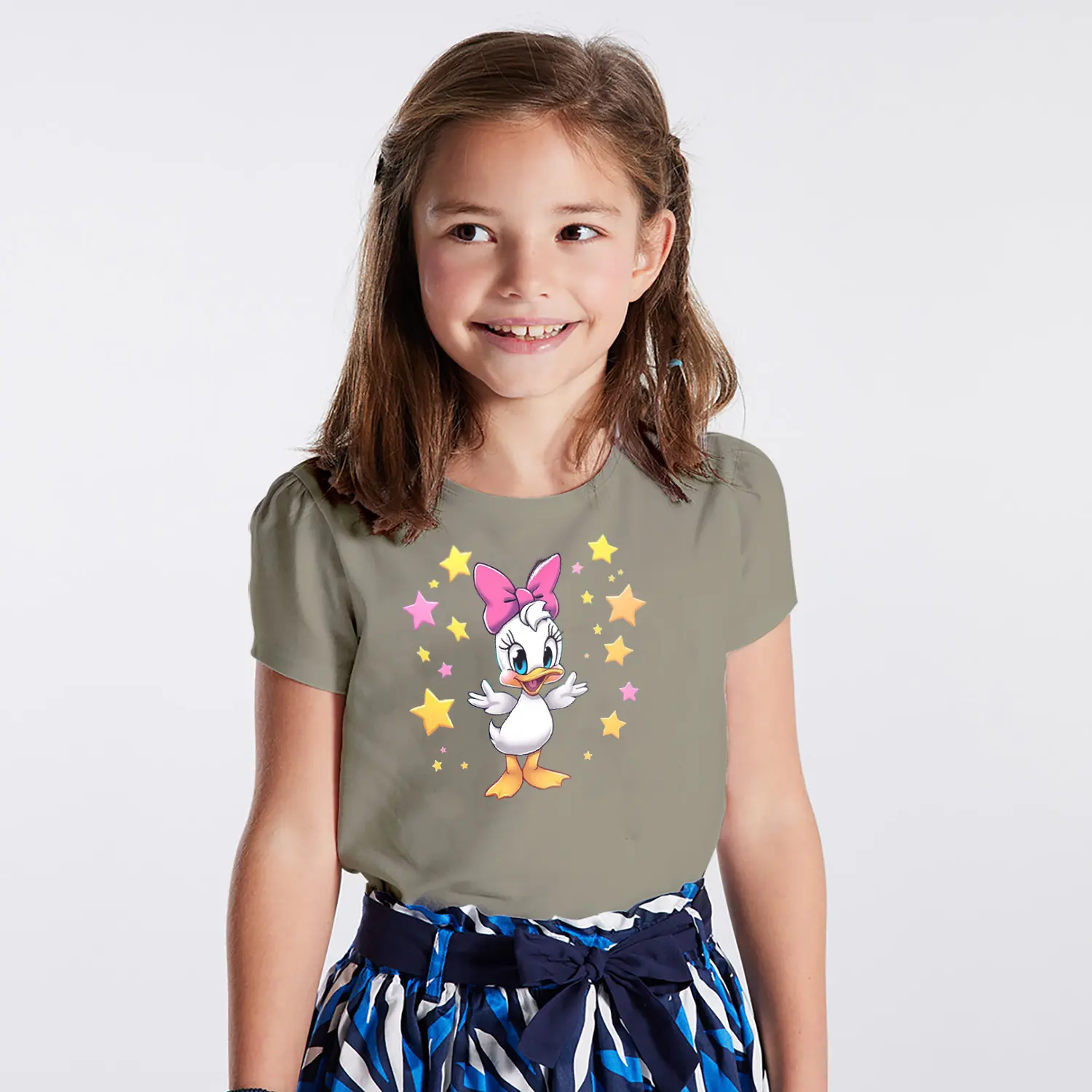 Yıldızlı Pembe Fiyonklu Sevimli Ördek Karikatür Figürlü Baskılı Kız Çocuk Tişörtü