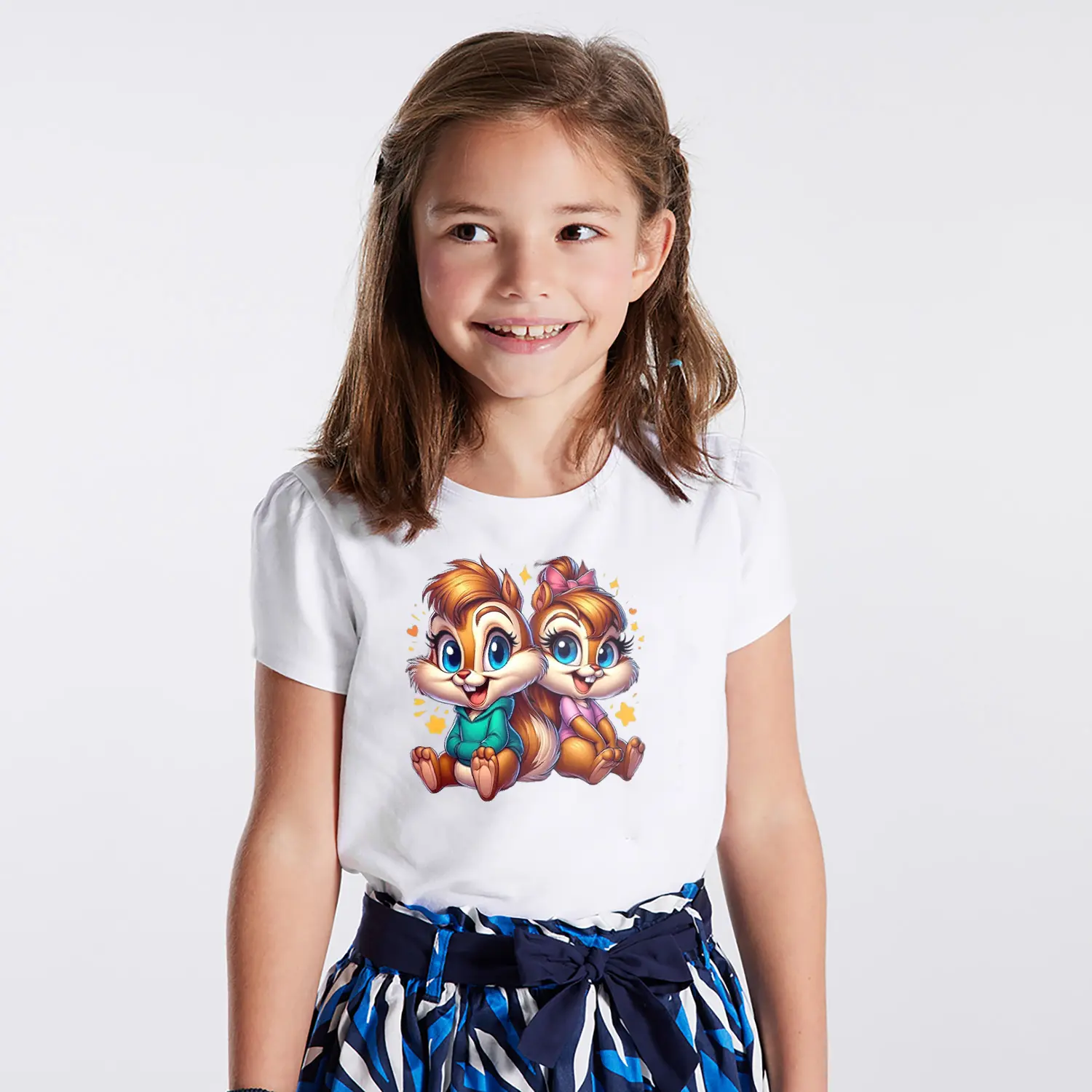 Yıldızlı Sevimli Sincap İkili Karikatür Figürlü Baskılı Kız Çocuk Tişörtü